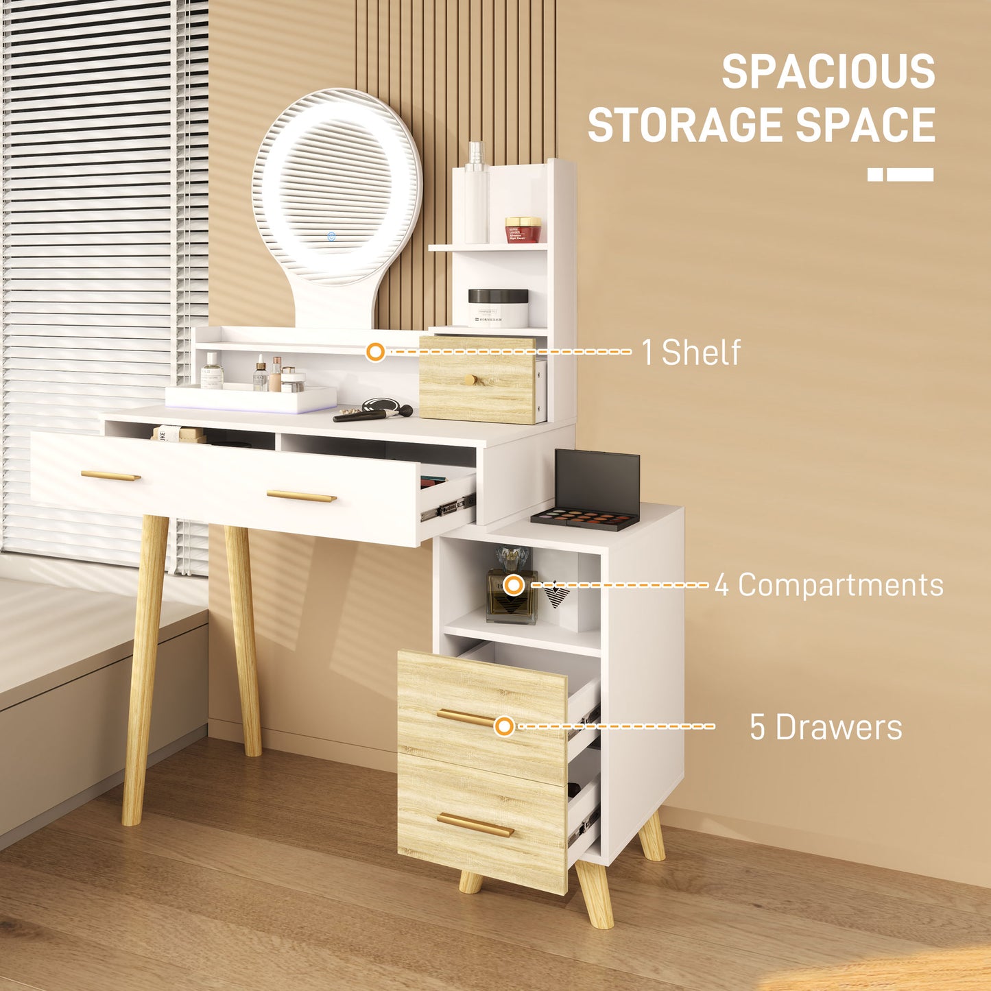 HOMCOM White Elegant Dressing Table With Ample Storage And LED Round Mirror Vanity Desk For Makeup