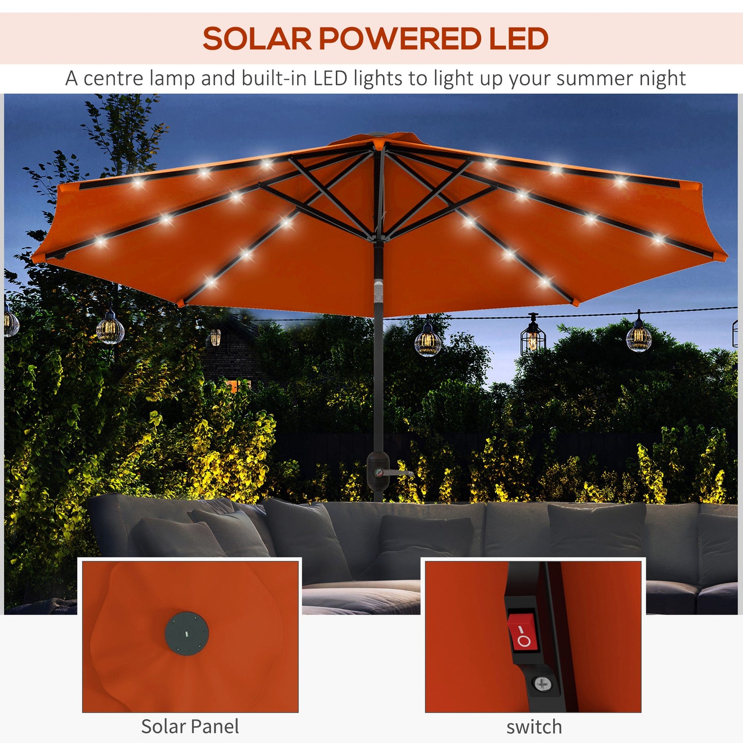 Outsunny 2.7m Solar-Powered Patio Umbrella with Tilt Function and 24 LED Lights, Vibrant Orange - ALL4U RETAILER LTD