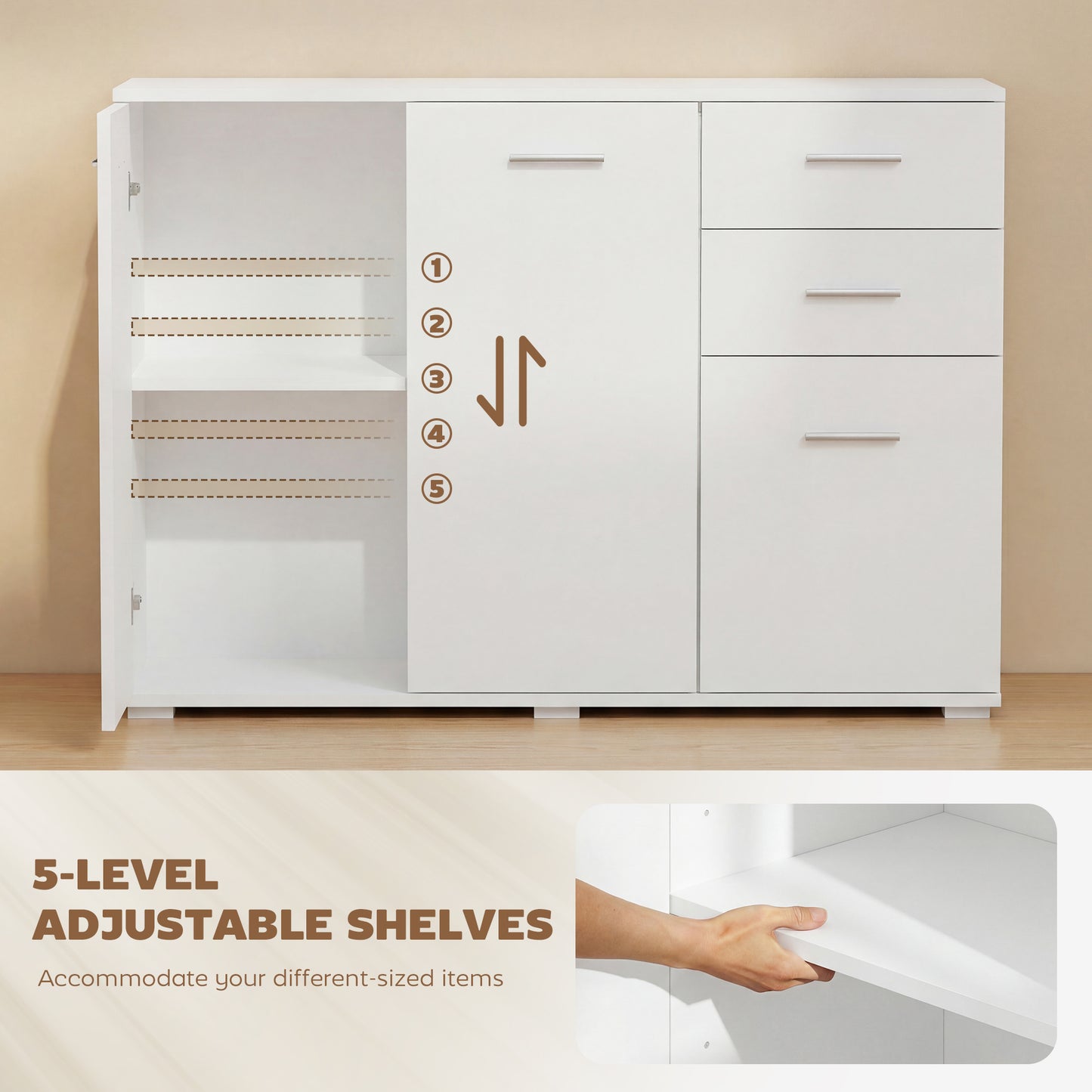 HOMCOM White Sideboard Cabinet With 2 Drawers 3 Doors And Adjustable Shelves For Modern Storage