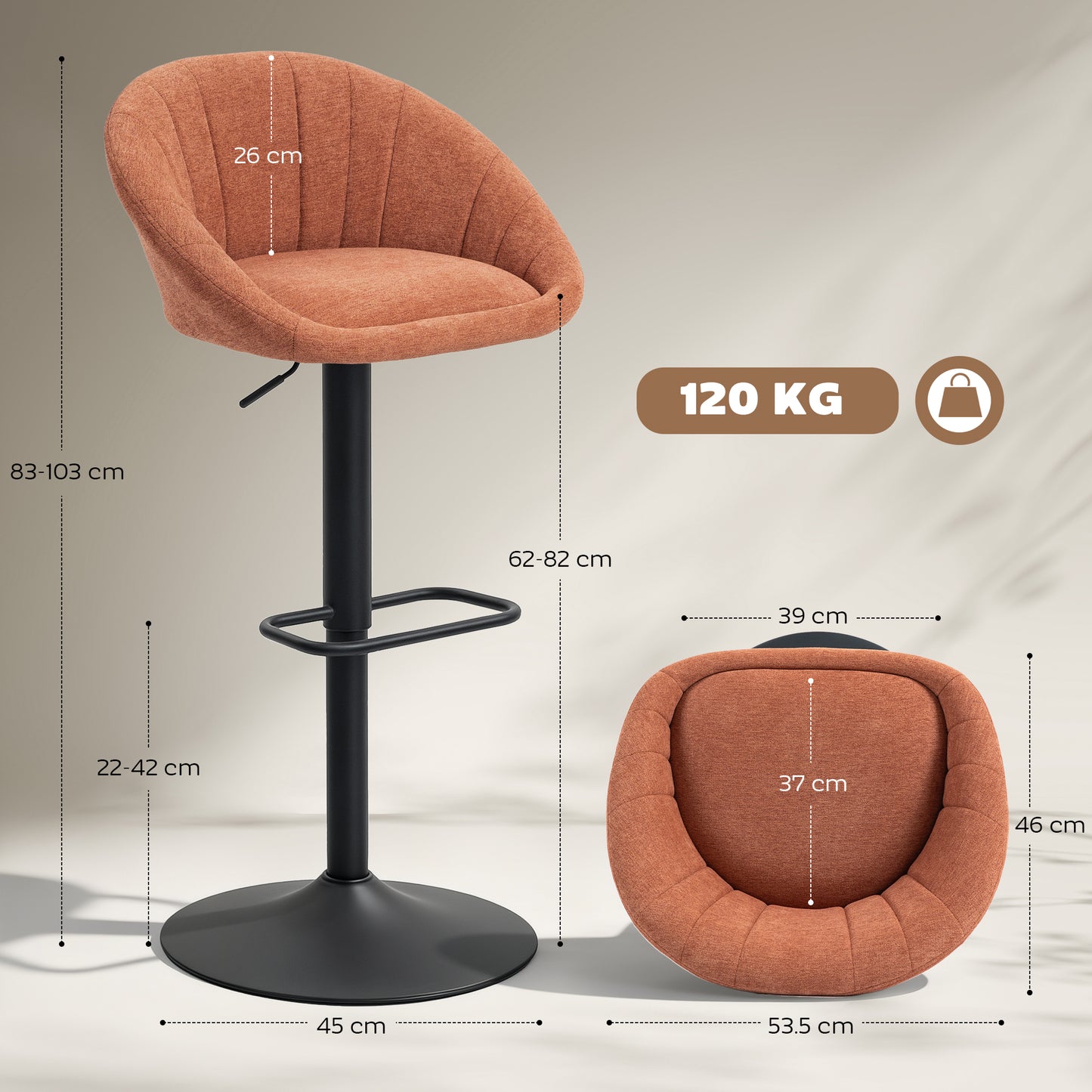 HOMCOM Set Of Two Relaxed Tub Bar Stools Orange Adjustable Height 62-82 Cm 360 Degree Swivel