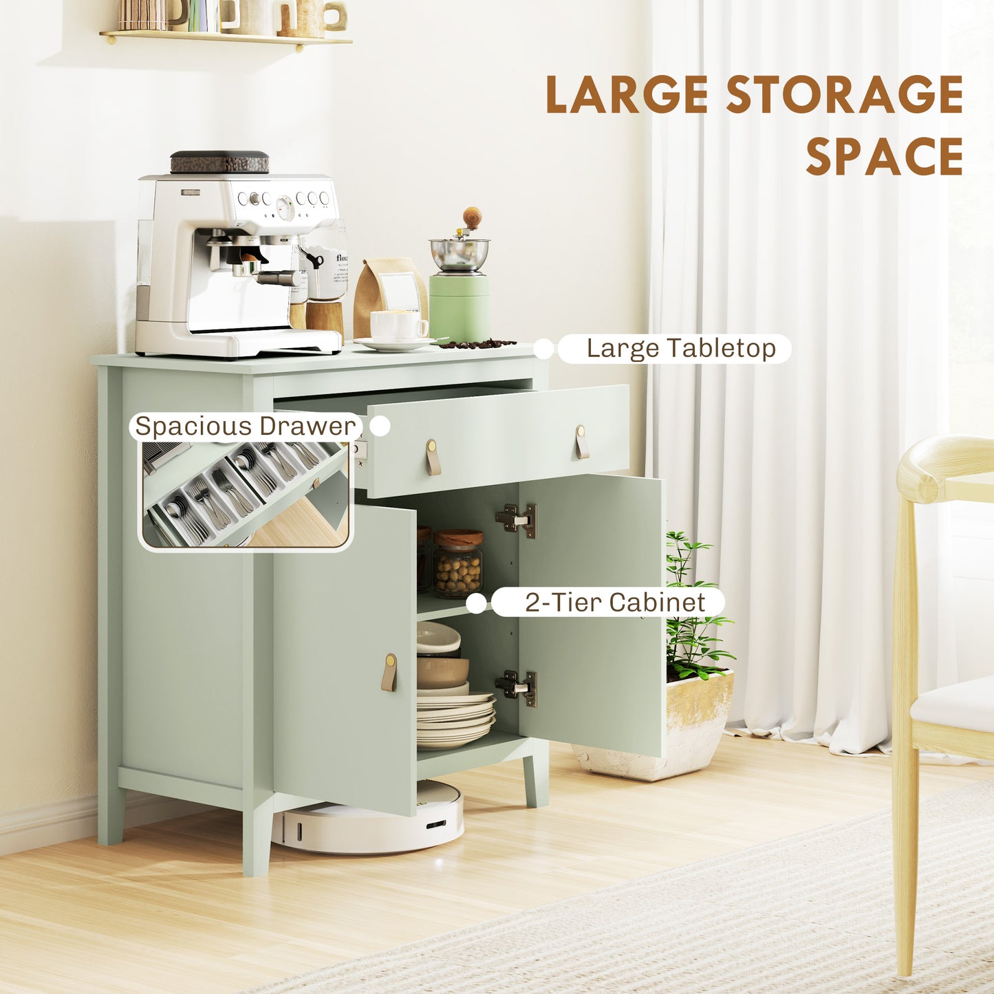 HOMCOM Farmhouse Style Sideboard Light Green With Wood Effect Top And Faux Leather Handles For Kitchen Or Living Room