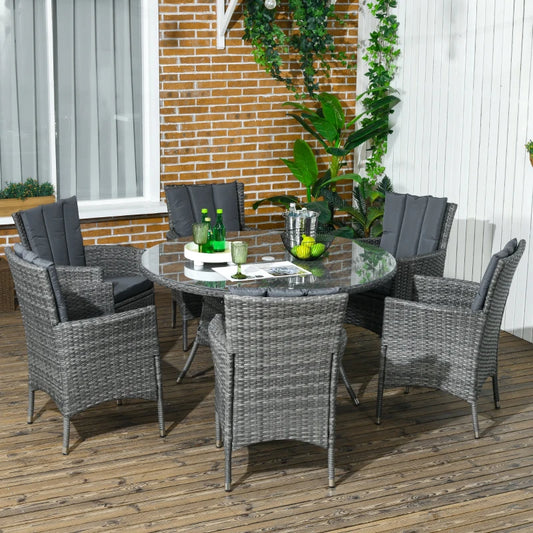Outsunny 6 Seater Rattan Garden Furniture Set w/ Glass Tabletop, Mixed Grey