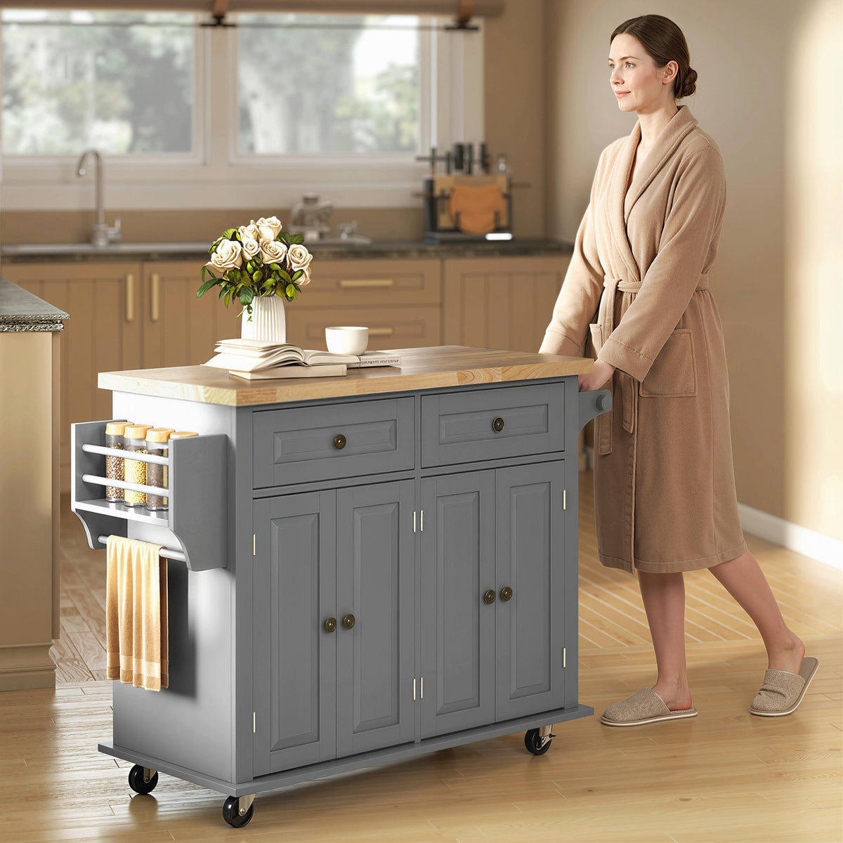 Rolling kitchen island with gray doors and drawers, rubberwood top, and open side shelf