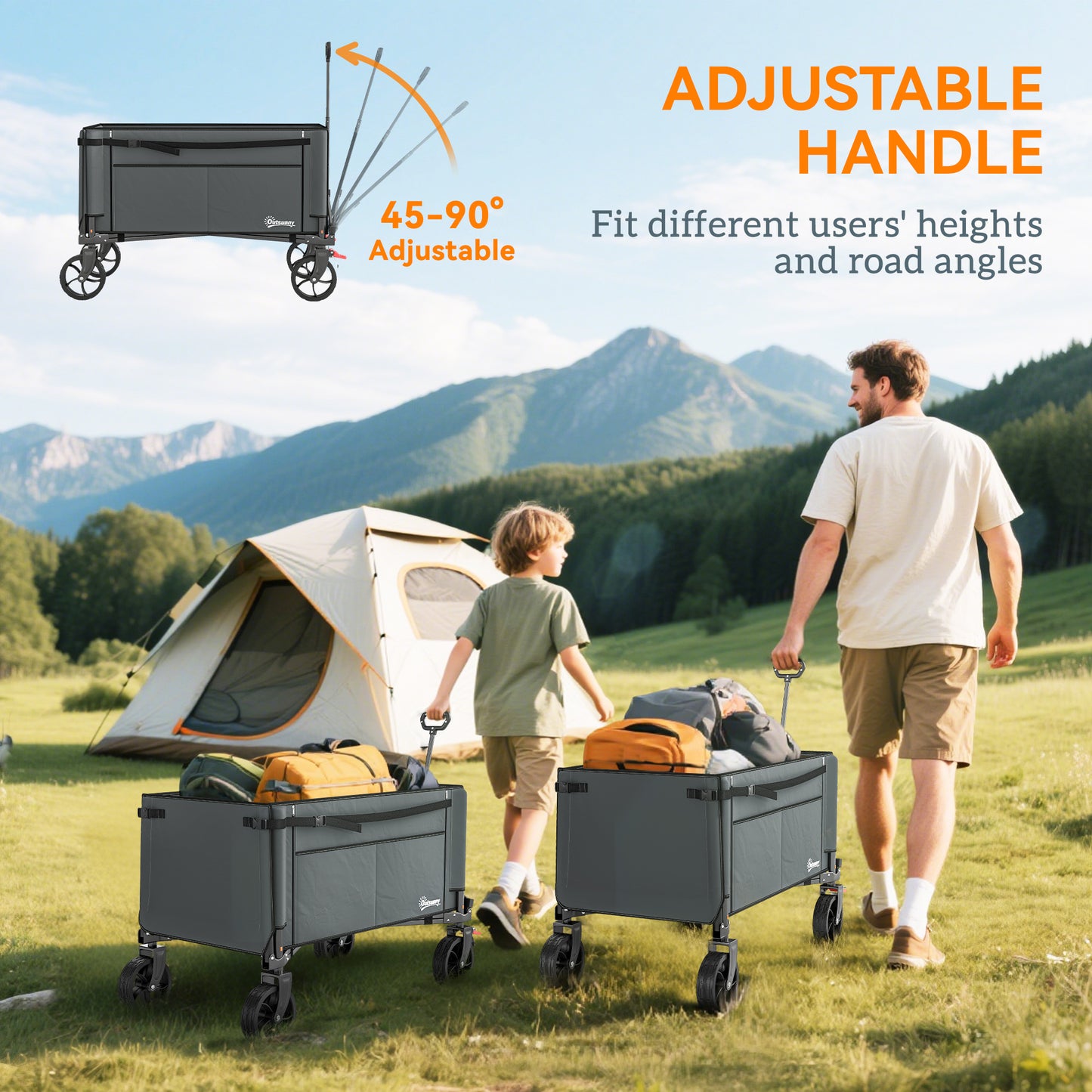 Outsunny 150L Folding Camping Trolley Cart Openable Sides Adjustable Handle Brakes for Shopping, Beach, Garden, Fishing