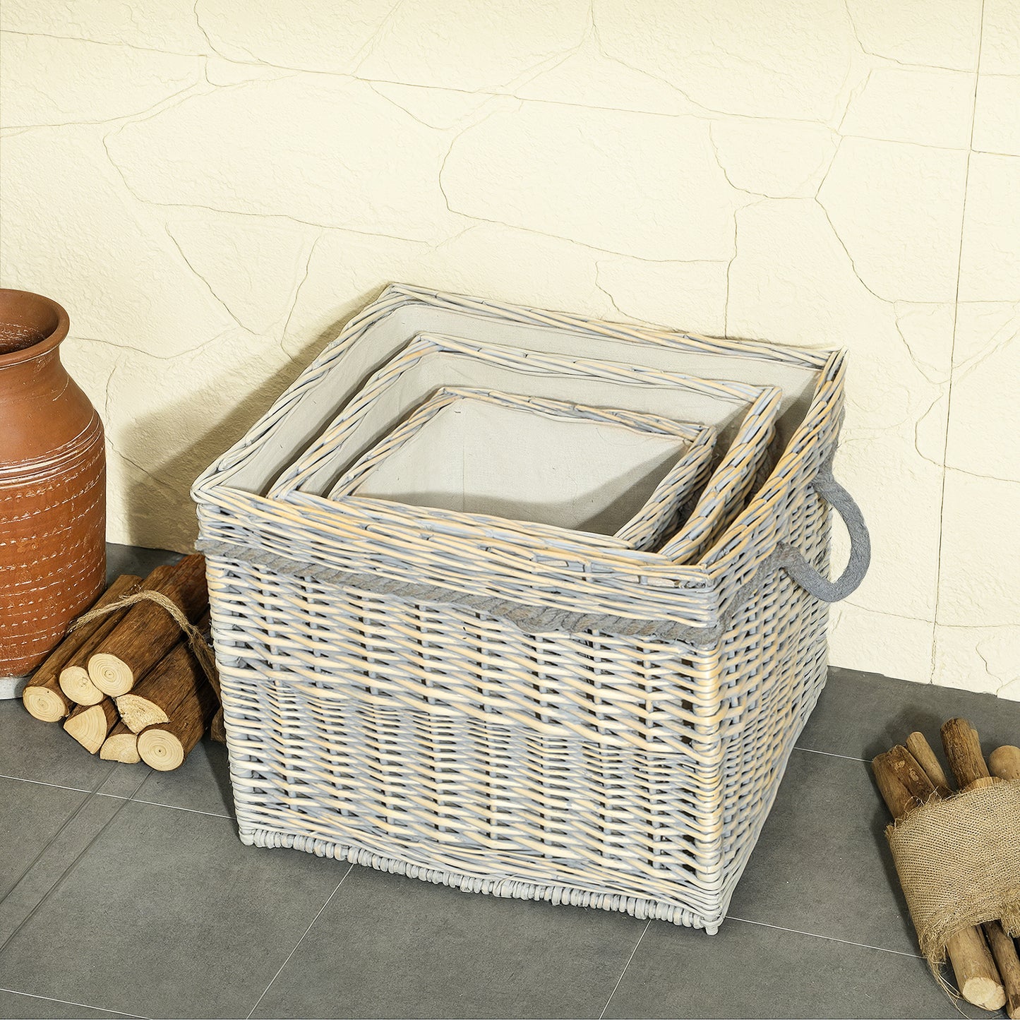 Outsunny Set Of 3 Log Baskets For Wood Burner Indoor With Lining And Rope Handles Wicker Fireside Storage Beige