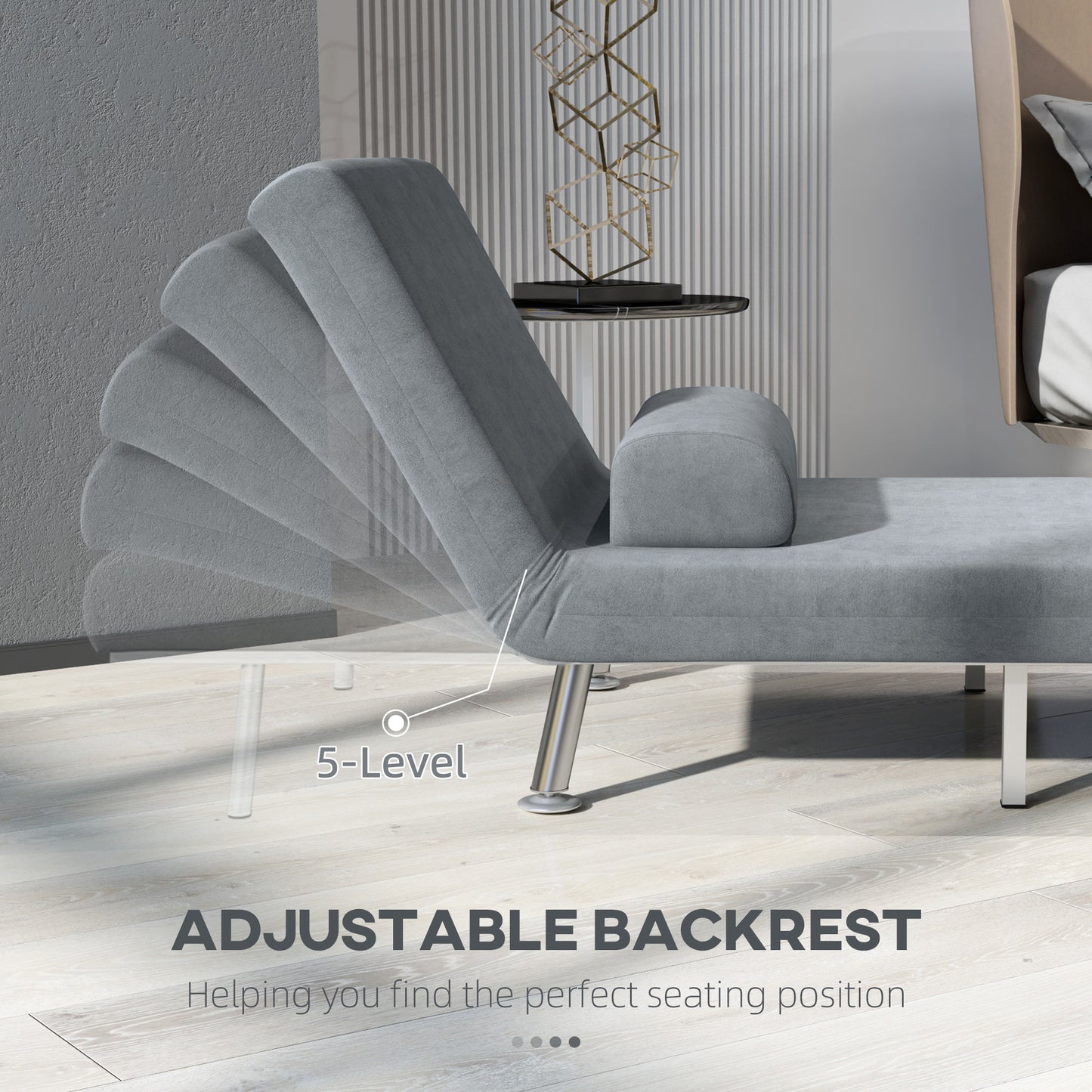 HOMCOM Velvet Feel Sleeper Chair Grey 3 In 1 Chair To Chaise And Sleeper Bed With Adjustable Backrest 90 To 180 Degrees