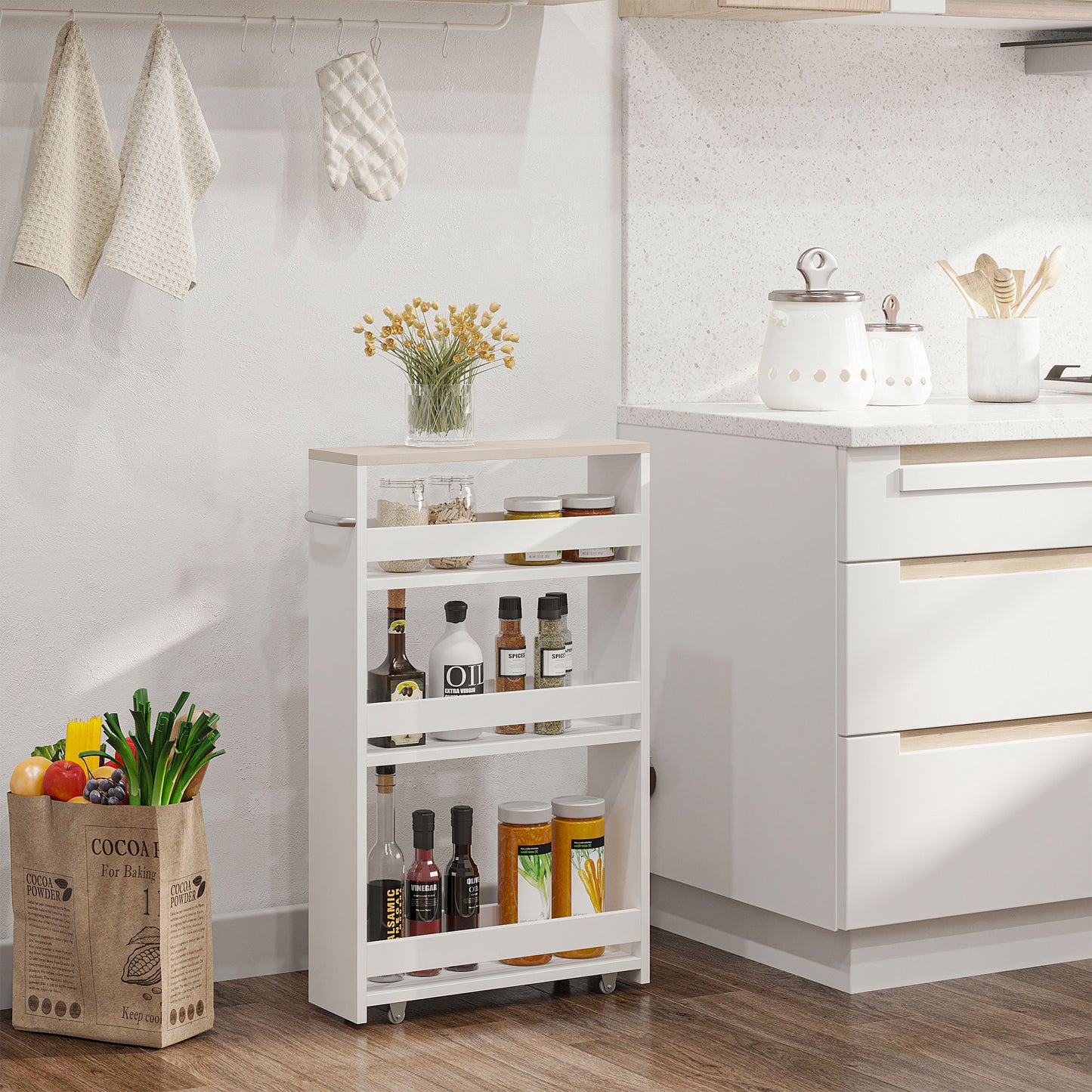Kleankin 4 Tier Storage Cart On Wheels And Handle White Compact Bathroom Trolley 48W x 15D x 80H cm