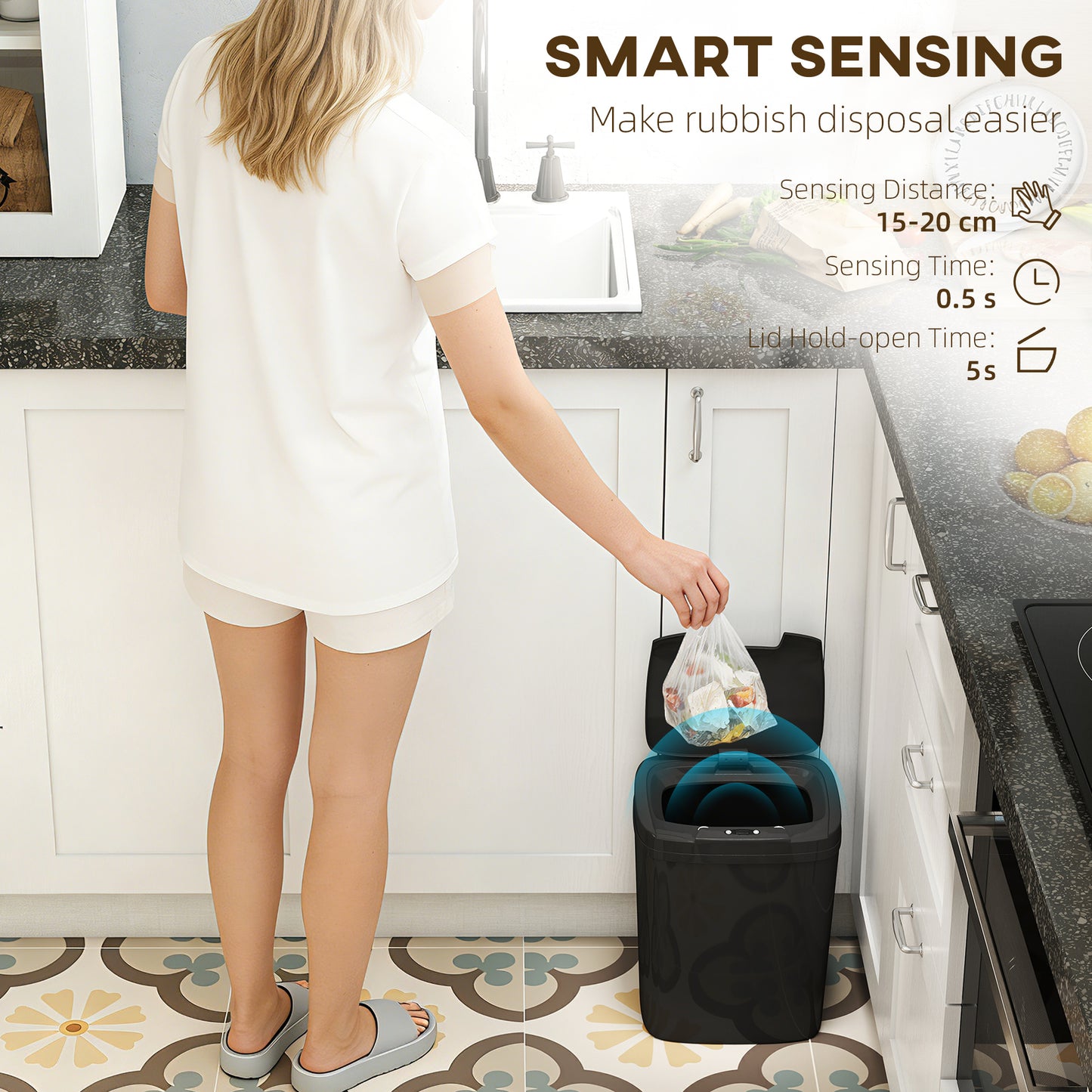 HOMCOM 15L Sensor Bin Touchless Automatic Kitchen Bin with Manual Mode Battery Operated Black
