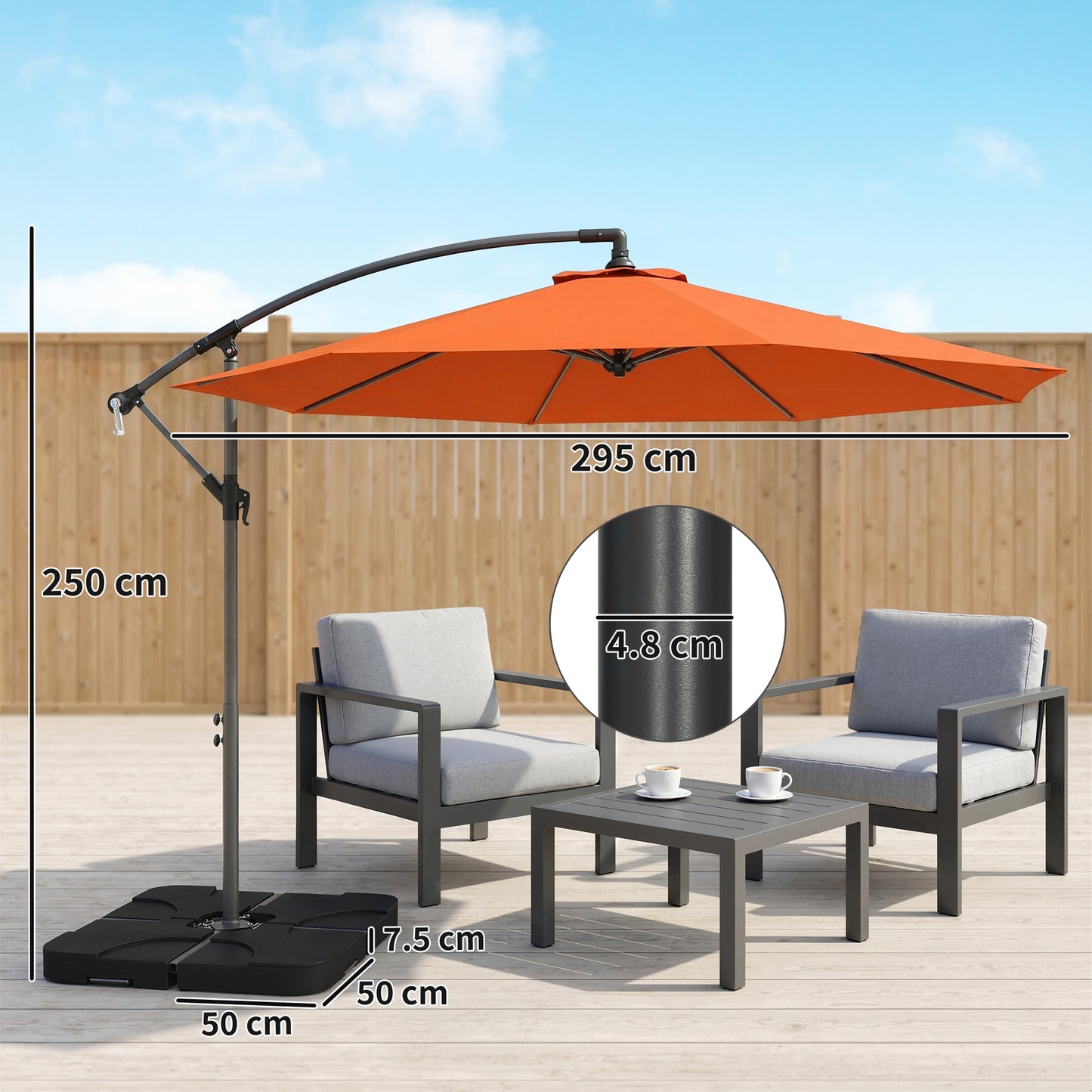 Outsunny 3M Cantilever Overhanging Parasol With Base Weights And Cover Orange Outdoor