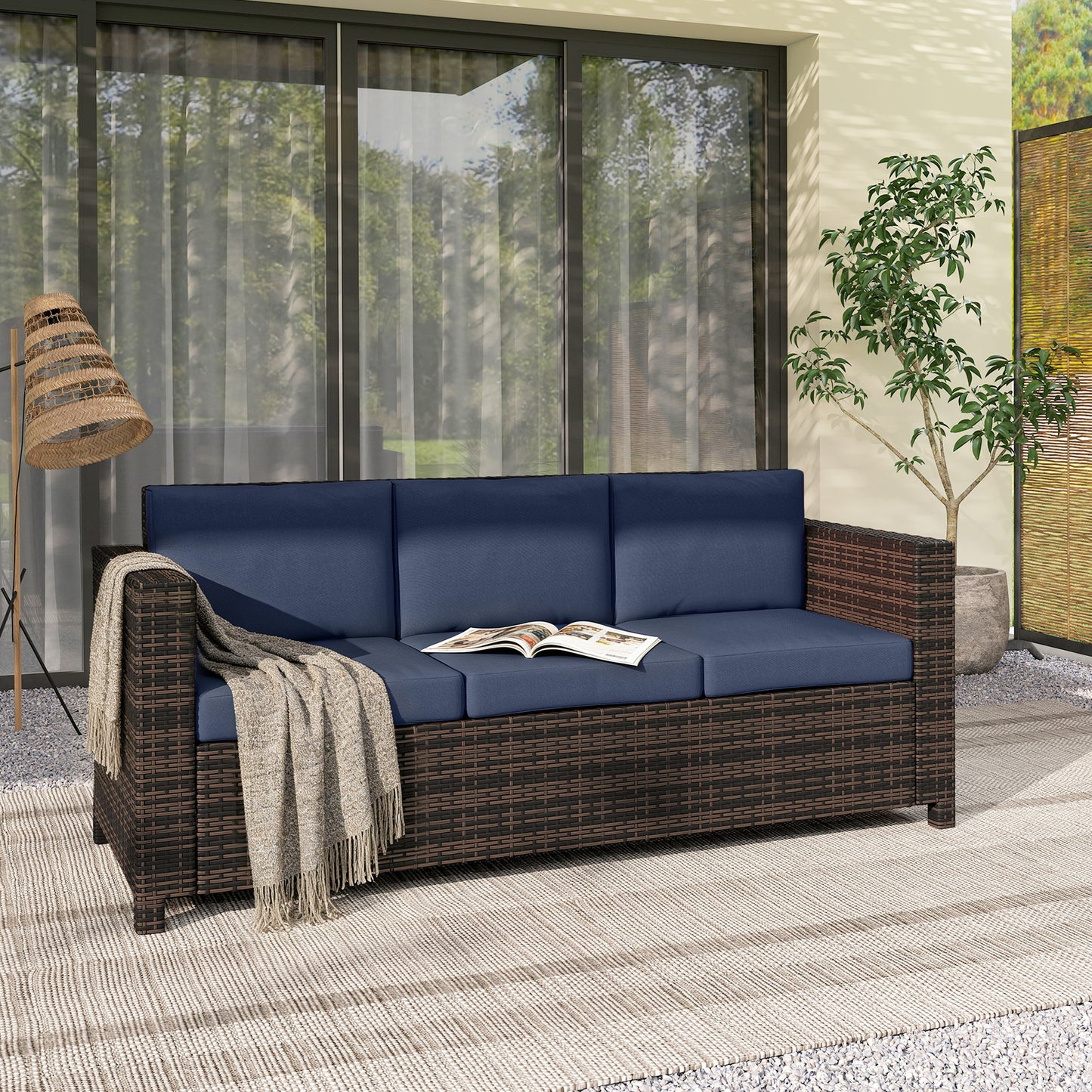 Outsunny 3 Seater Garden Rattan Sofa All Weather Wicker Weave With Steel Frame Water Resistant Cushions Dark Blue