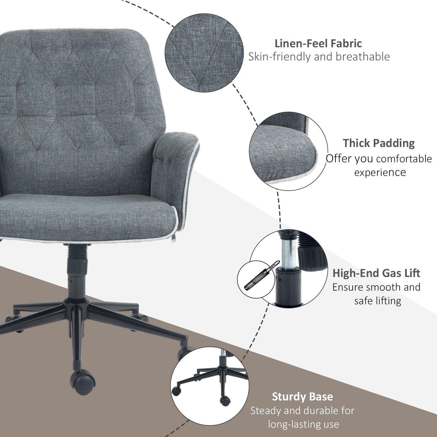 HOMCOM Linen Computer Chair with Armrest, Modern Swivel Chair with Adjustable Height, Dark Grey - ALL4U RETAILER LTD