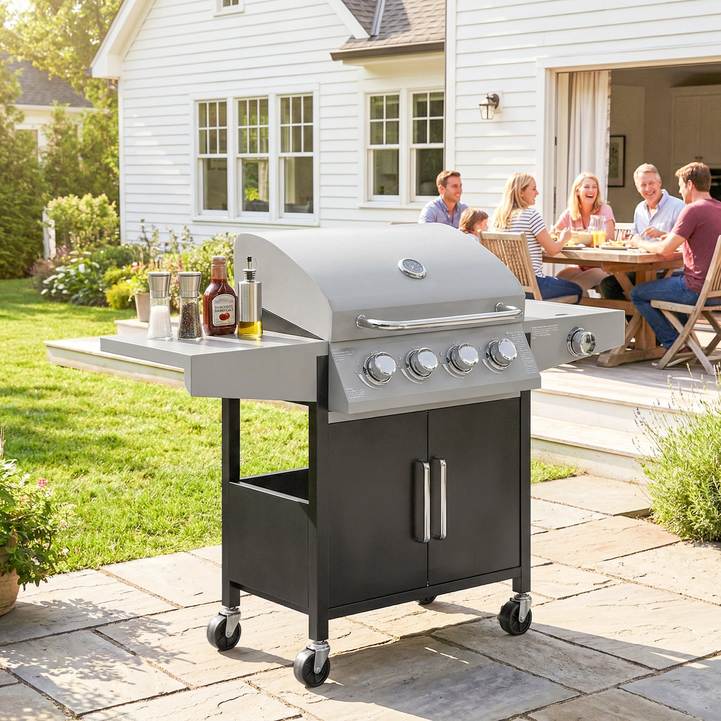 Outsunny Four Burner And One Side Burner Gas BBQ Grill 50000 BTU Steel Portable With Built In Thermometer And Lid