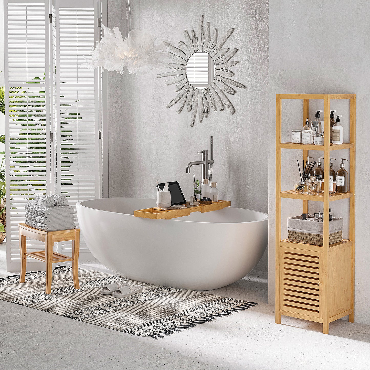 HOMCOM 45cm 2 Tier Slatted Shower Bench With 4 Legs Safe Comfortable Bathroom Stool Spa Organiser