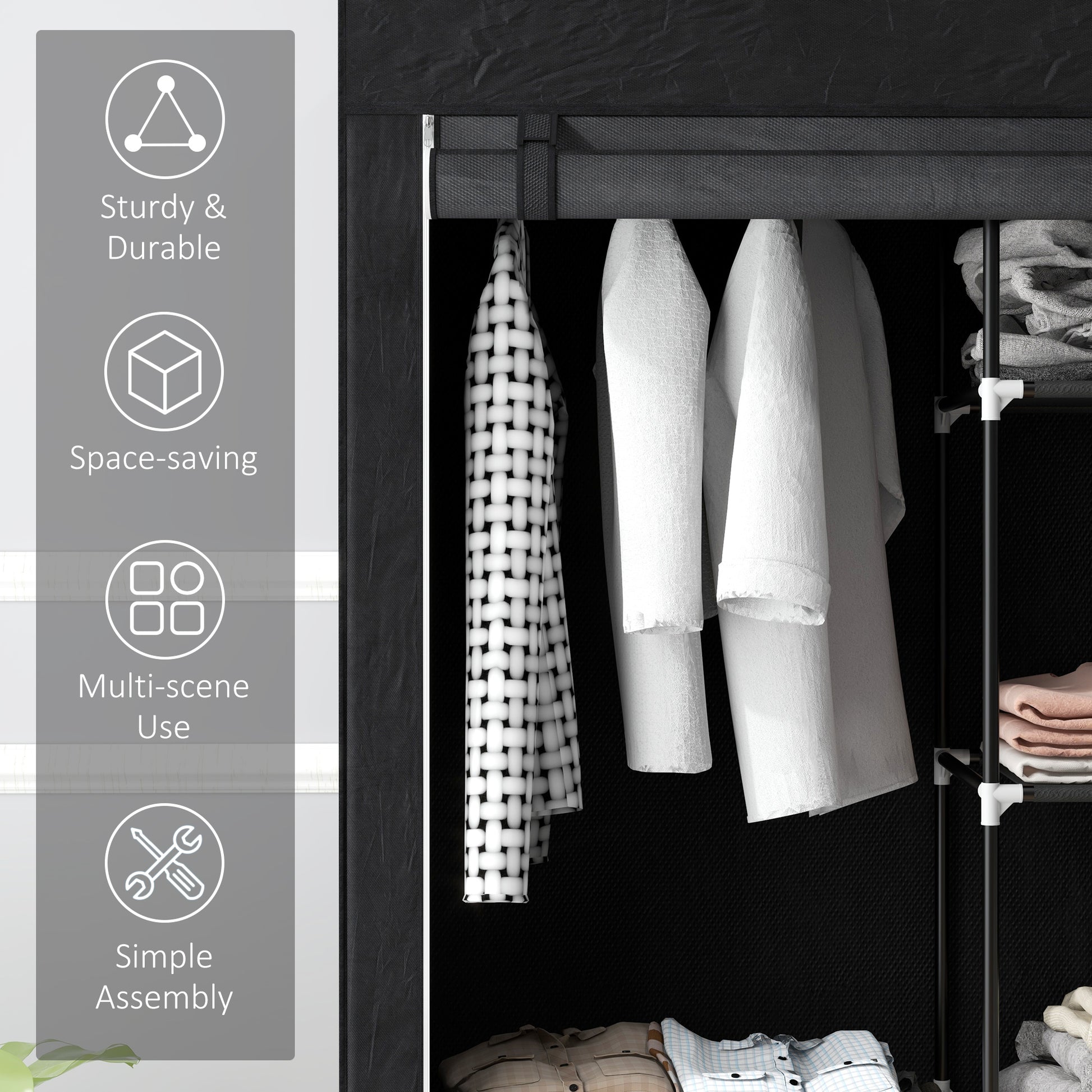 HOMCOM Portable Black Fabric Wardrobe with 6 Shelves and Hanging Rail - 103 x 43 x 162.5 cm - ALL4U RETAILER LTD