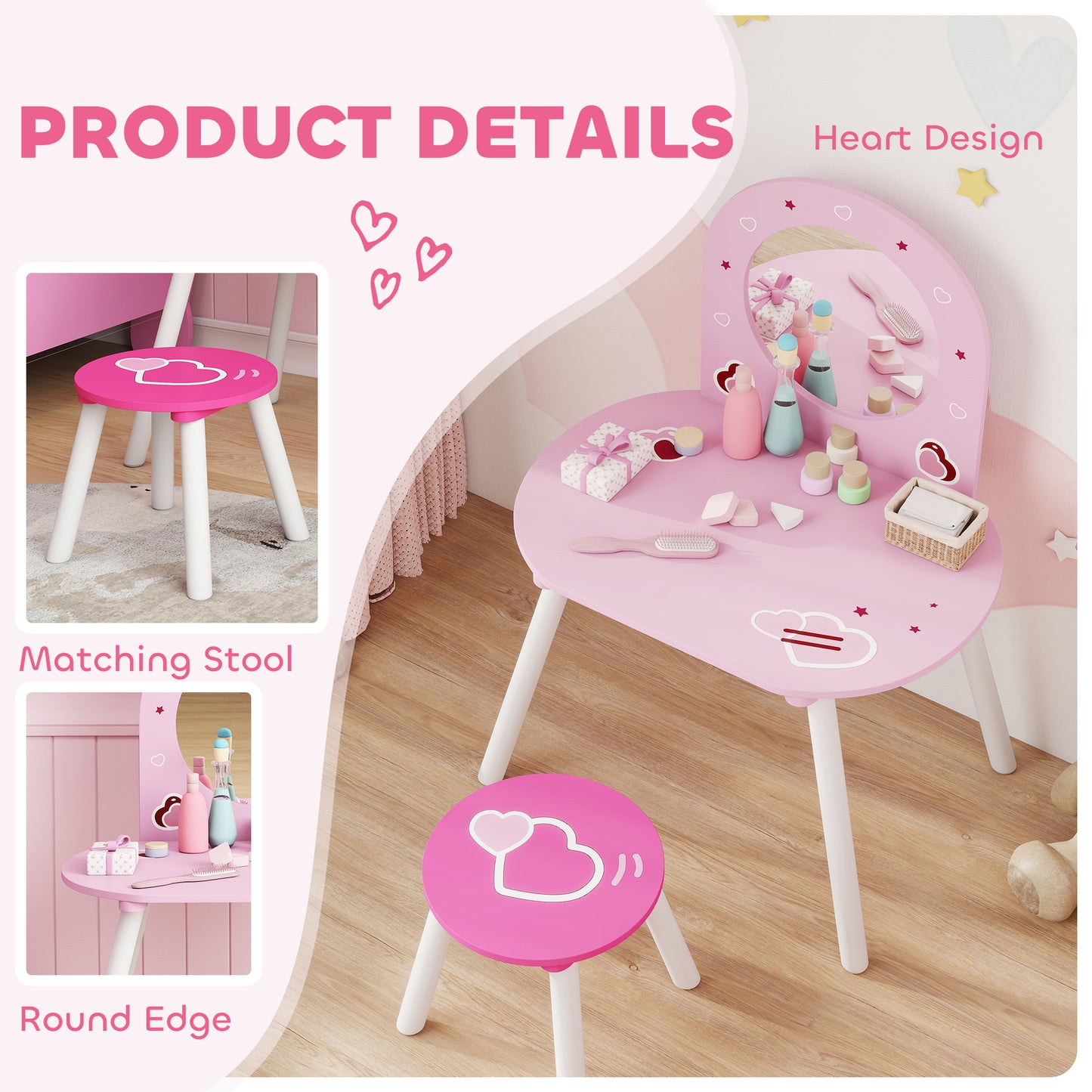 AIYAPLAY Kids Dressing Table With Mirror And Stool Vanity Set For Girls Ages 3 To 6 Pink