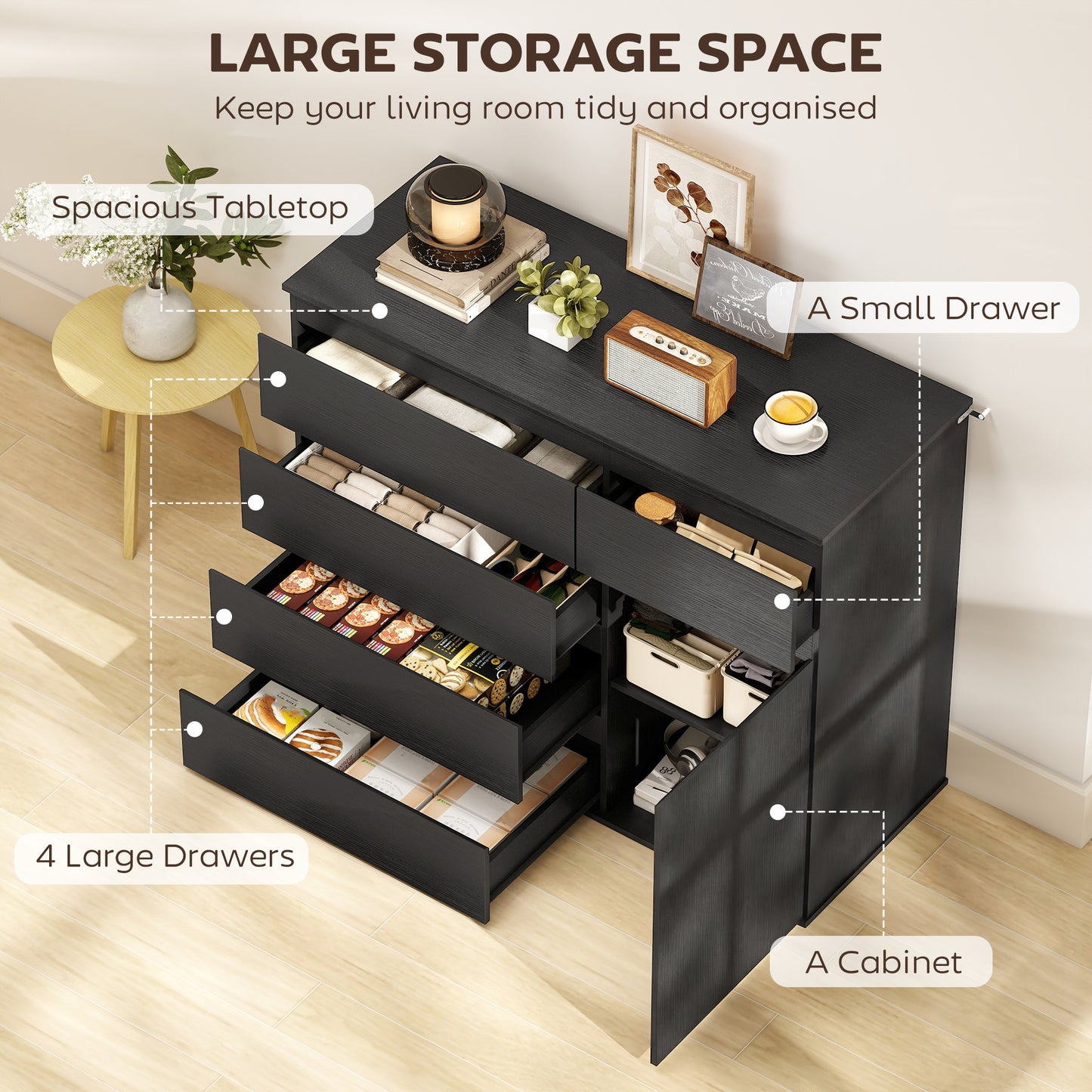 HOMCOM Modern Sideboard With 5 Drawers And Adjustable Shelf Soft Close Door Black Finish