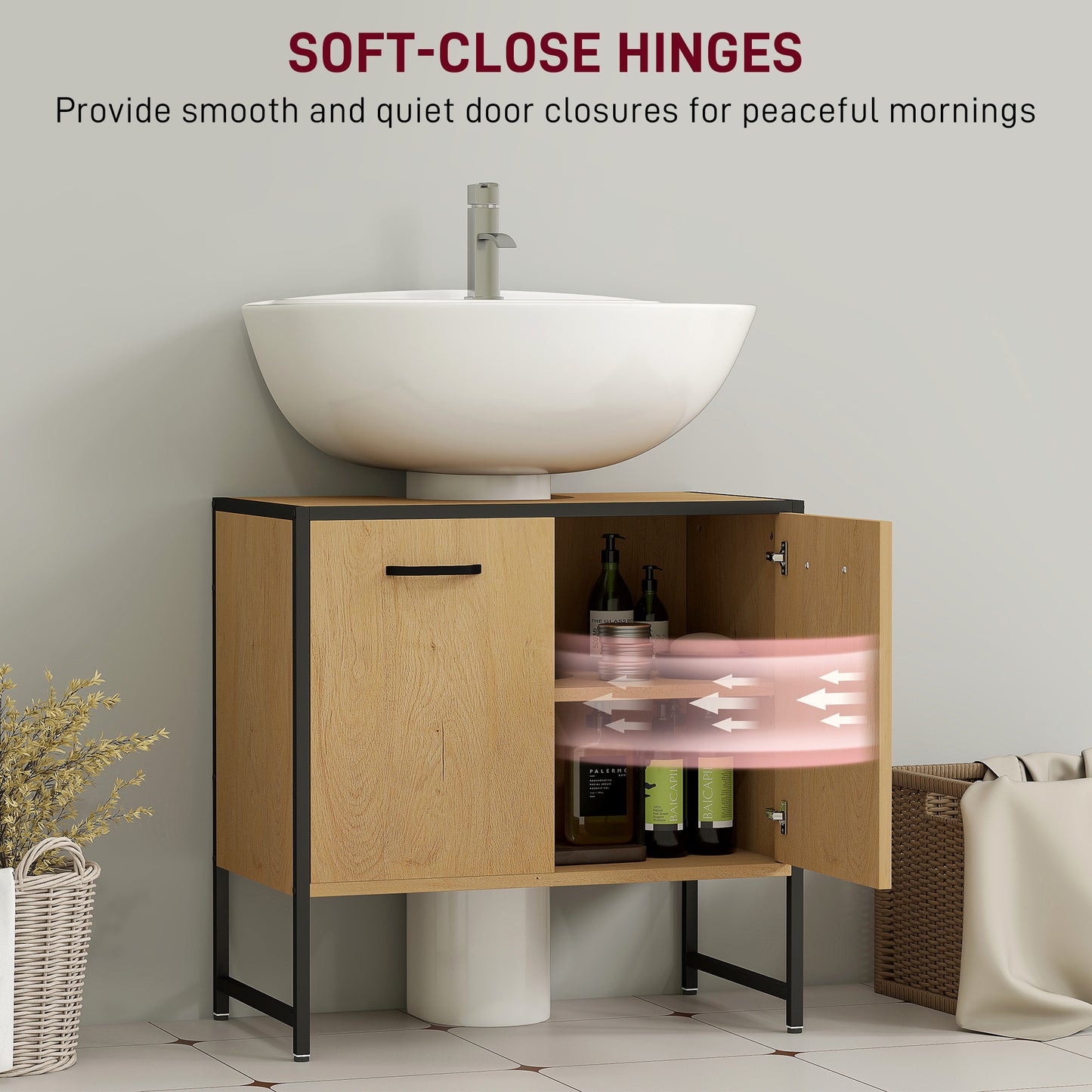 HOMCOM Bathroom Vanity Unit Under Sink Storage Cabinet With Soft Close Doors For Basin Natural Finish