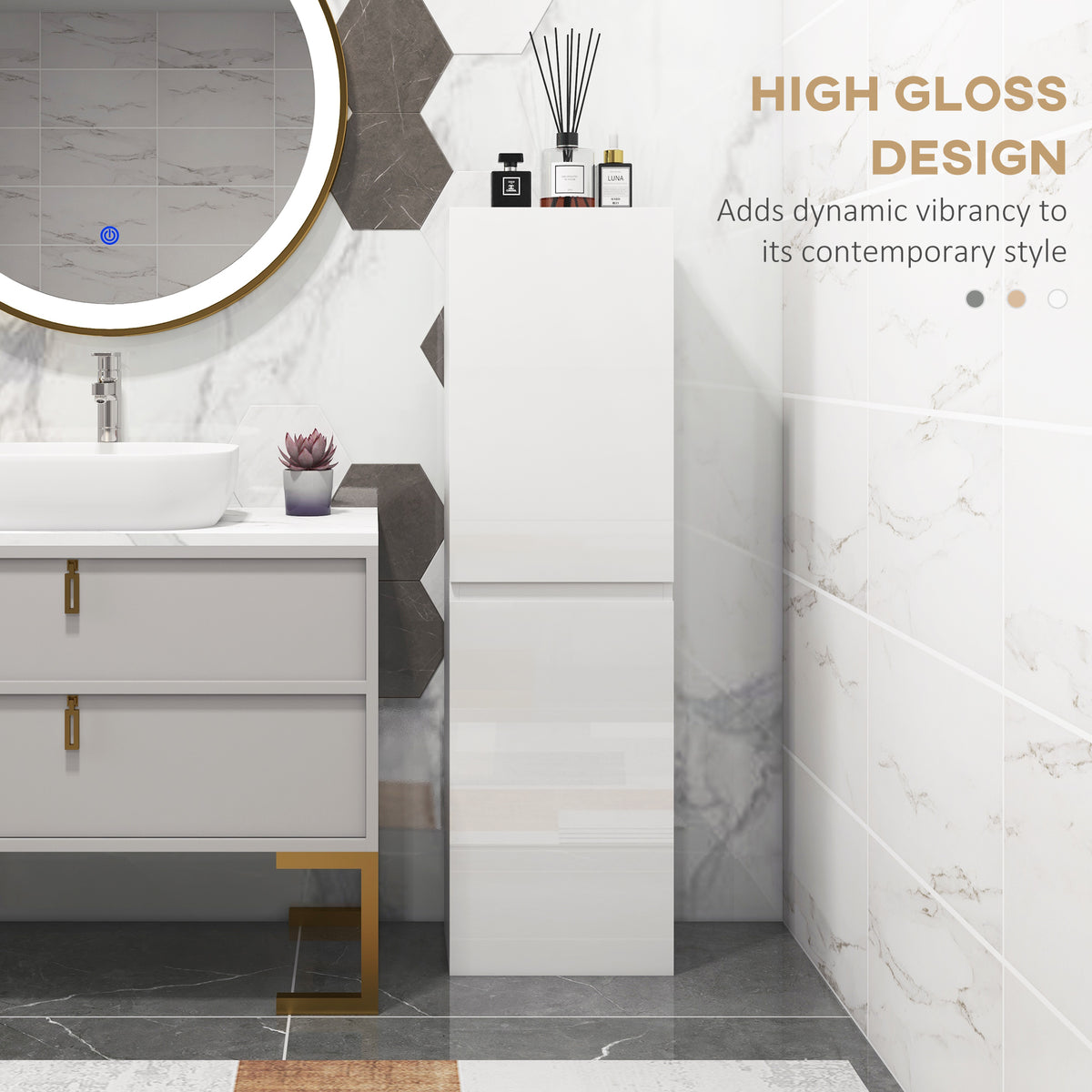 Tall white bathroom cabinet with smooth high-gloss doors and slim vertical profile