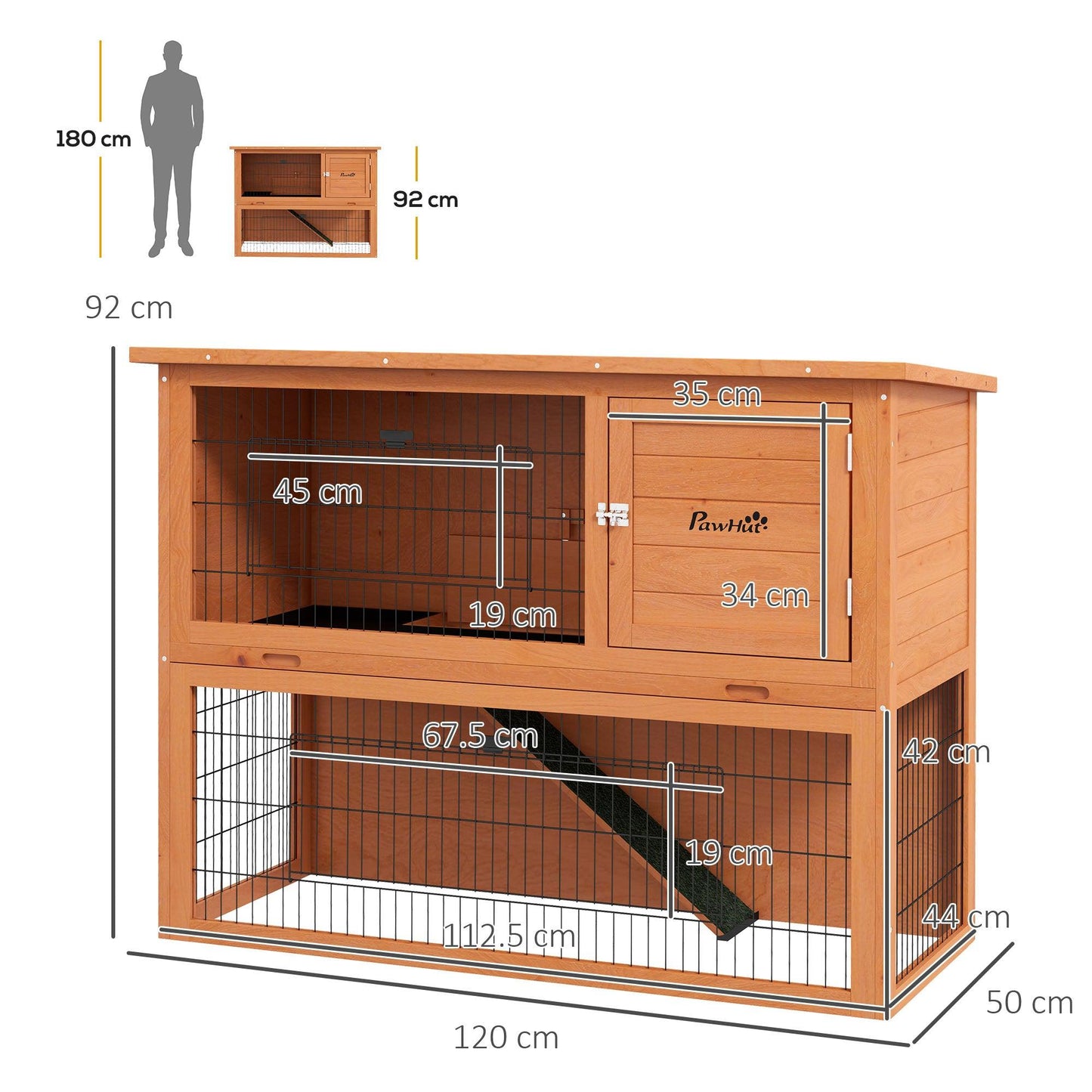 PawHut 2 Tier Antiseptic Wood Rabbit Hutch with Run Outdoor 92cm Orange - ALL4U RETAILER LTD