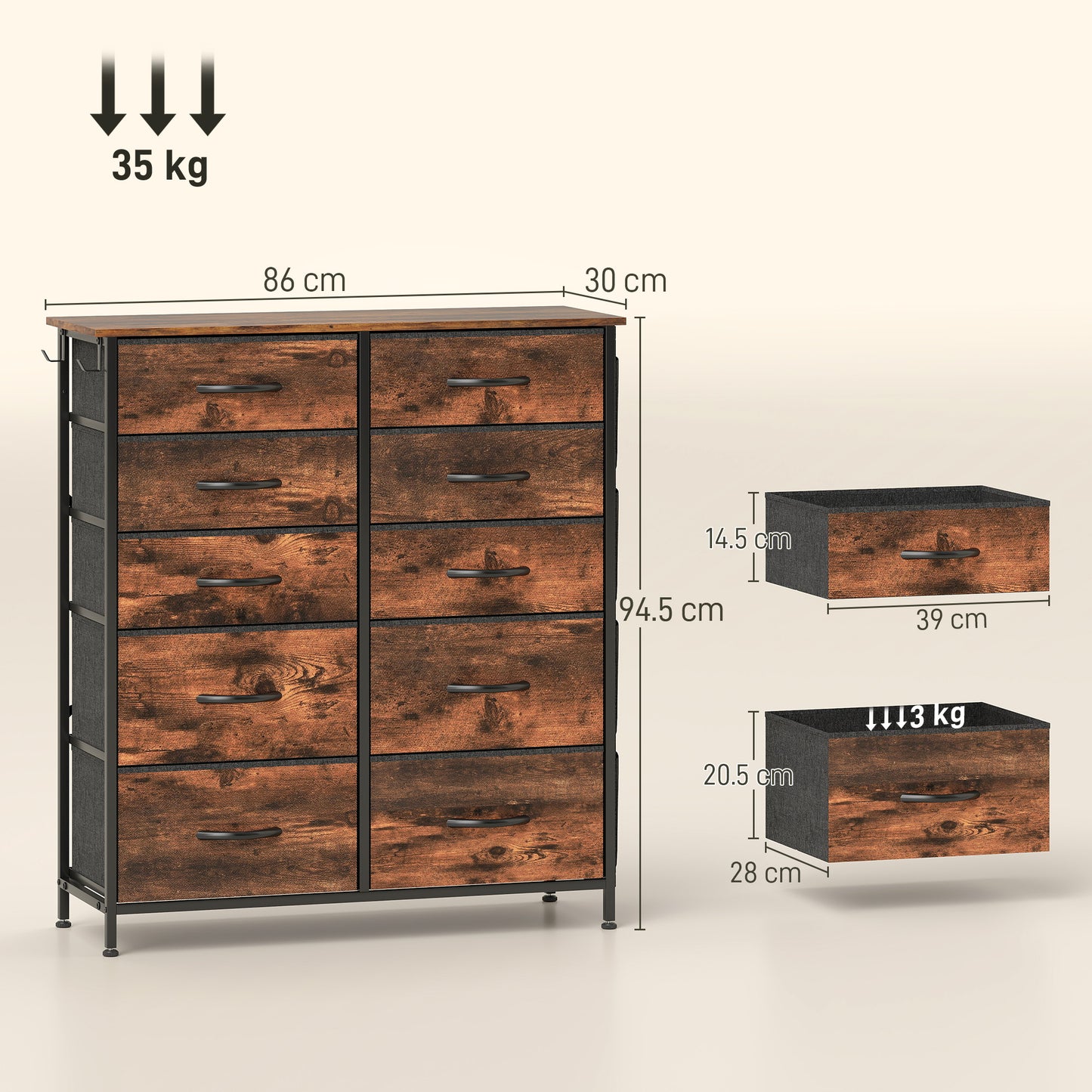 HOMCOM Chest Of Ten Fabric Drawers Rustic Brown With Steel Frame Six Small And Four Large Drawers