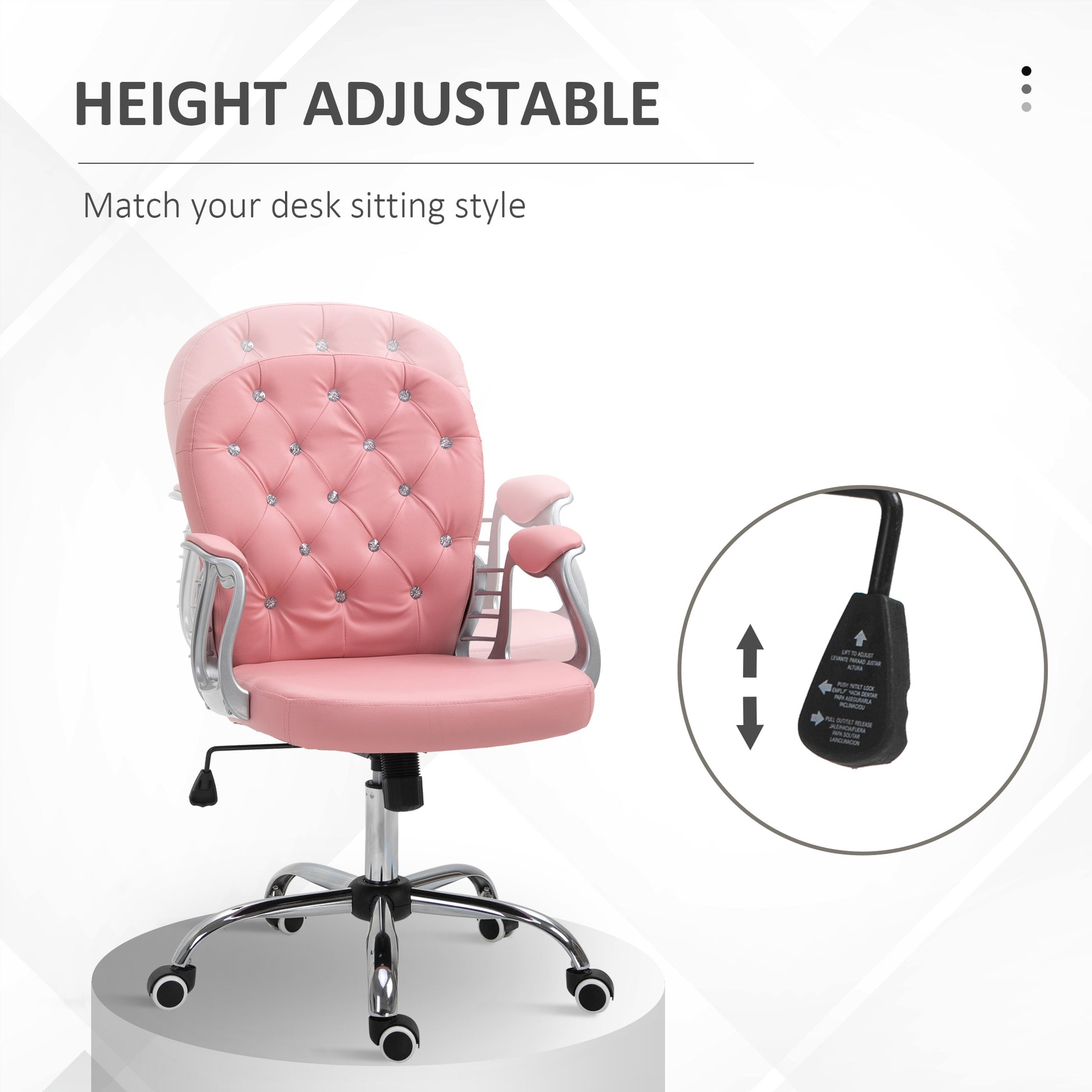 Vinsetto Glamorous Ergonomic Office Chair with 360° Swivel and Diamante Tufting - Pink - ALL4U RETAILER LTD