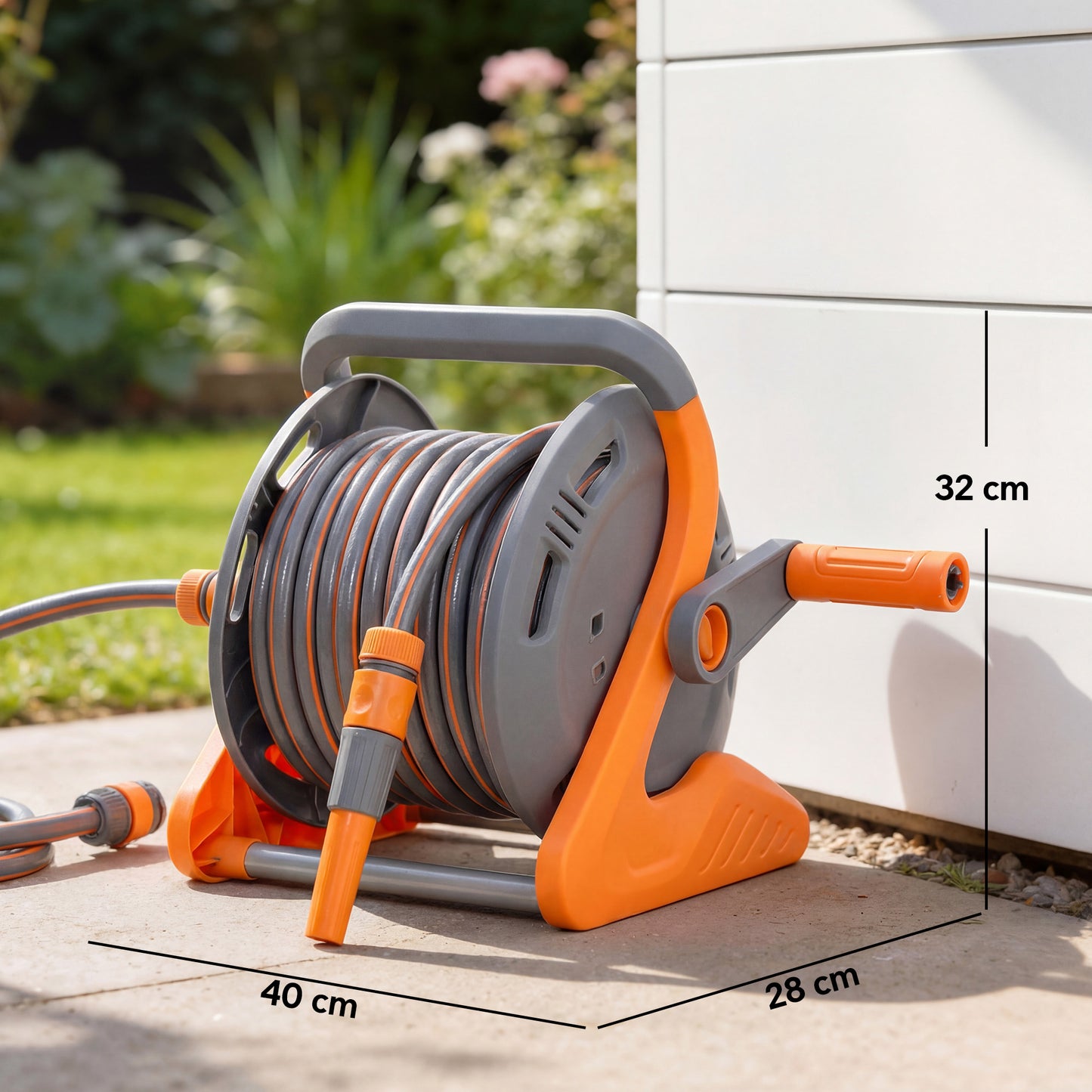 Outsunny Wall Mounted Garden Hose Reel 20m Plus 2m With Crank Handle And Dual Pattern Spray Nozzle Orange