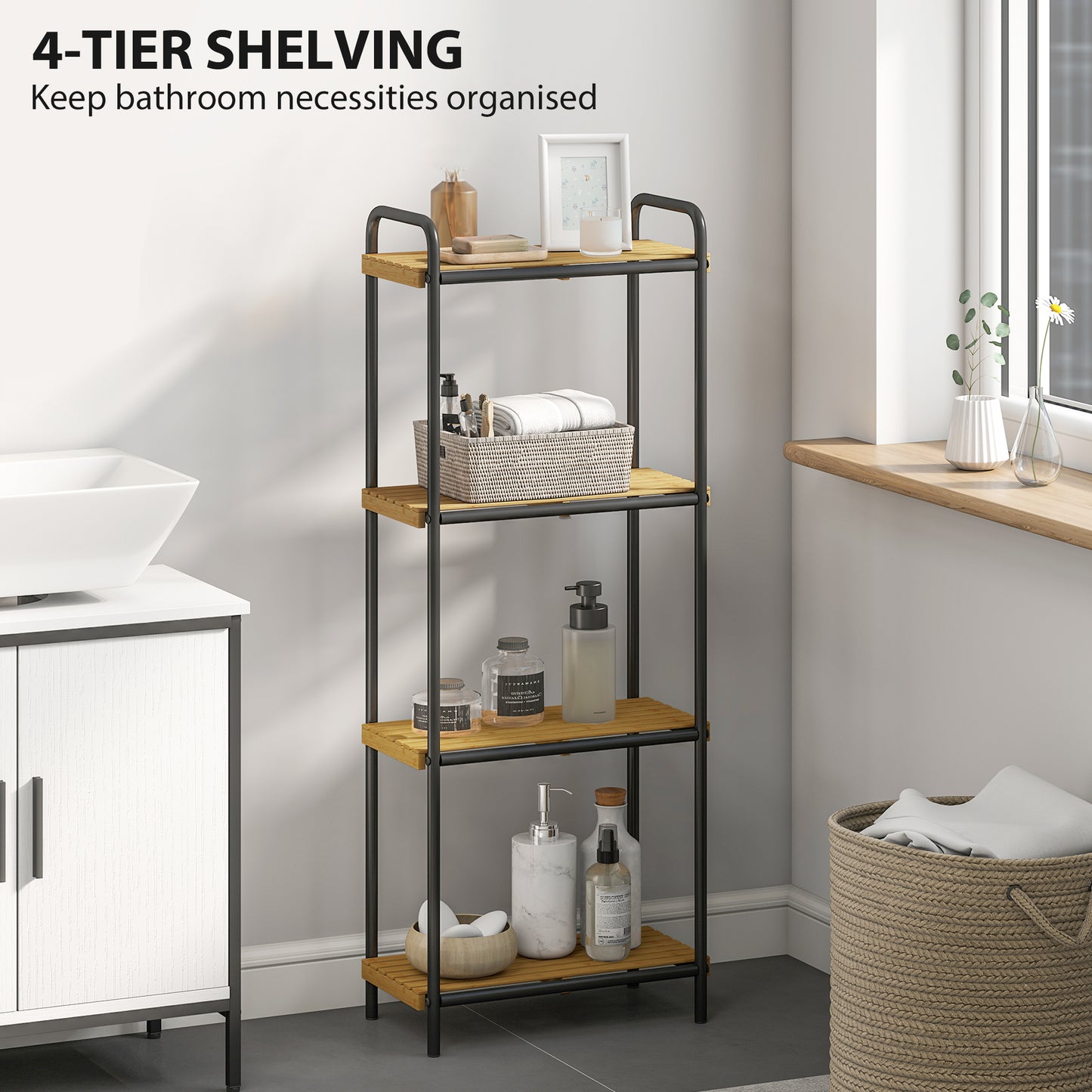 HOMCOM 4 Tier Bamboo Bathroom Storage Shelf Freestanding Narrow Shelving Unit With Slatted Shelves For Kitchen
