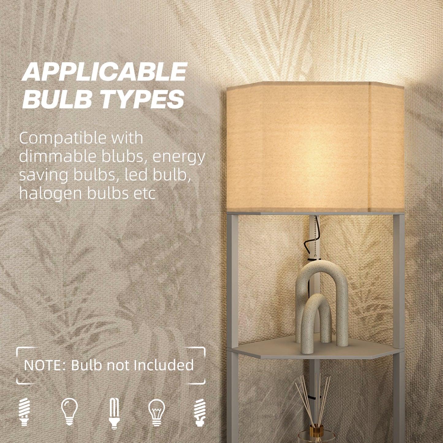 HOMCOM Corner Floor Lamp With Shelves 2 In 1 Standing Lamp For Living Room Pull Chain Switch Bulb Not Included Grey