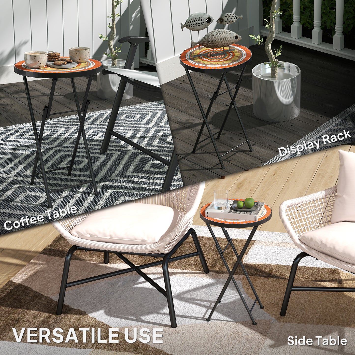 Outsunny Mosaic Outdoor Garden Table 35.5cm Round Folding Coffee Table With Metal Frame For Balcony Terrace Orange
