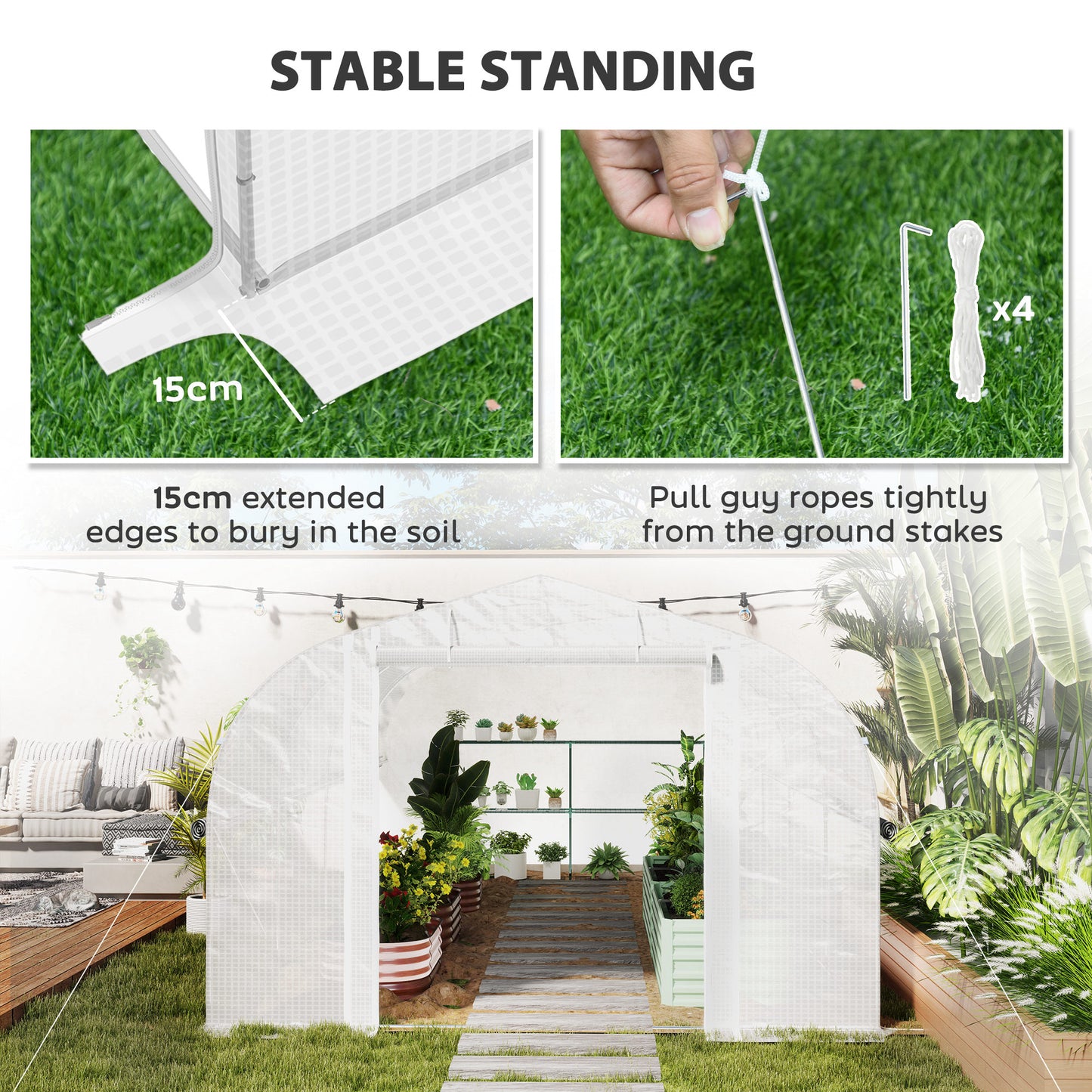 Outsunny 4x3m Walk In Polytunnel Greenhouse With Accessories Galvanized Steel Frame Two Layer Mesh Cover White