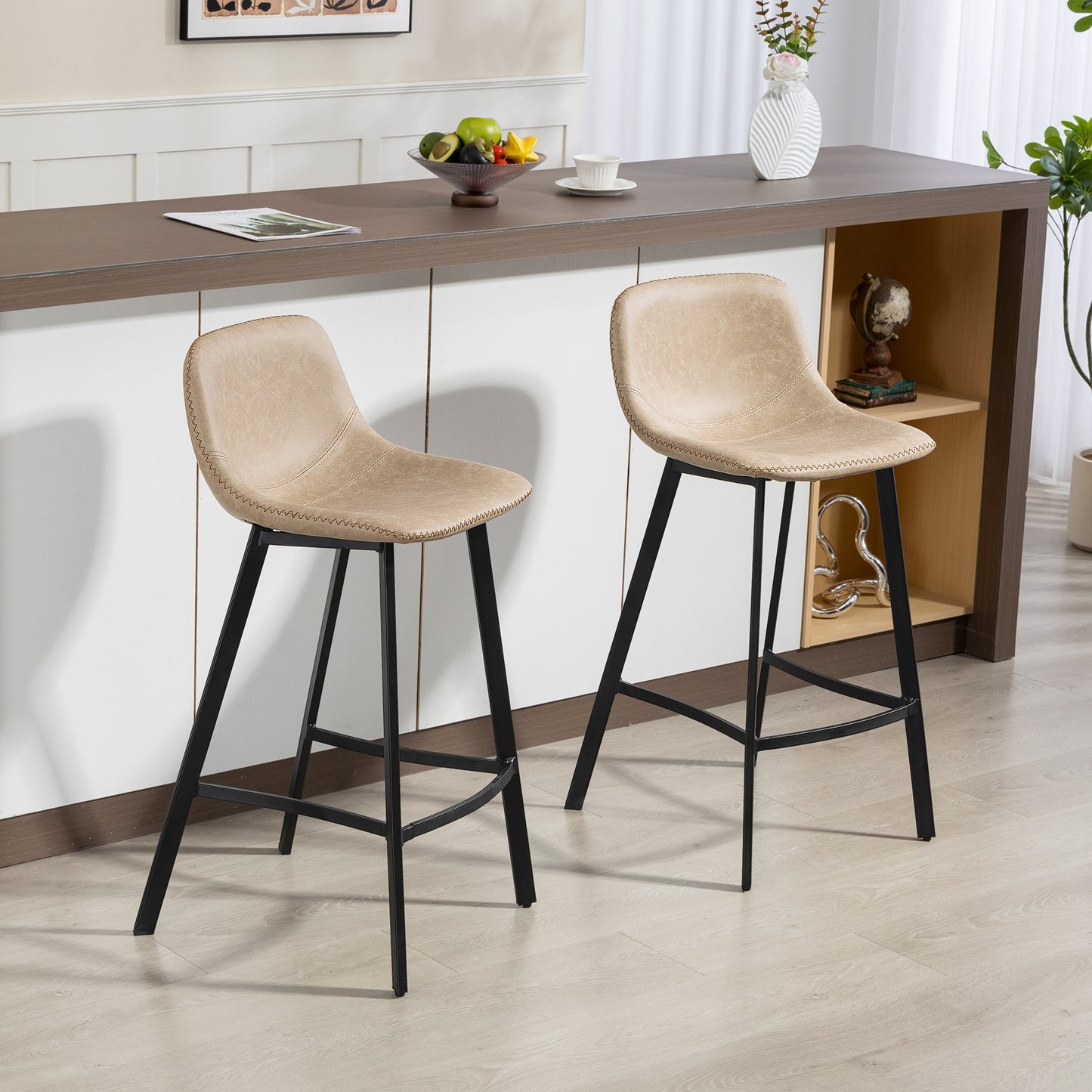 HOMCOM Bar Stool Set Of 2 With Backrest And Footrest PU Leather Chairs For Kitchen Counter Breakfast Bar Light Brown