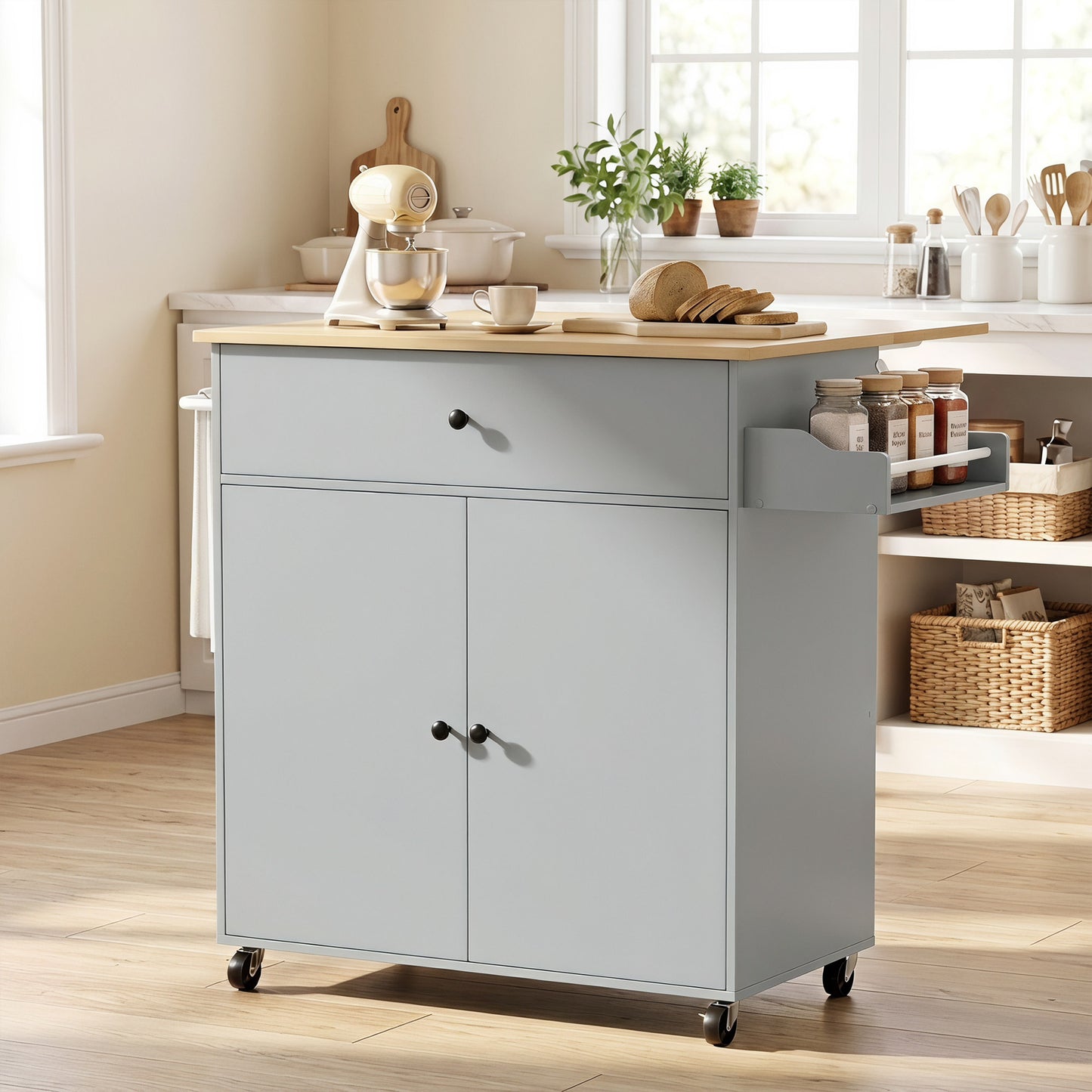 HOMCOM Kitchen Island With Drop Leaf And Rolling Wheels In Grey