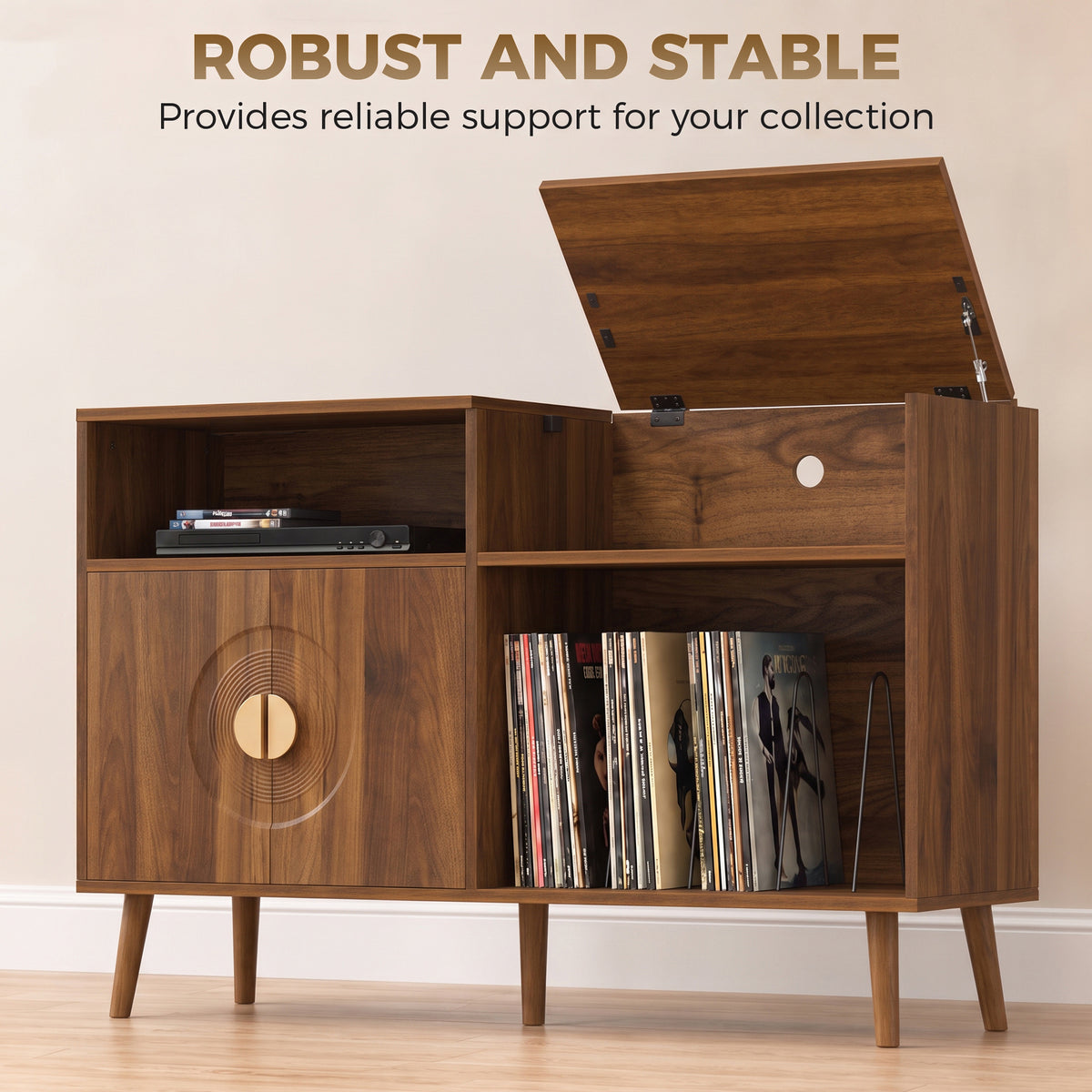 HOMCOM Vinyl Record Player Stand with 300 Album Storage and Flip Top Walnut