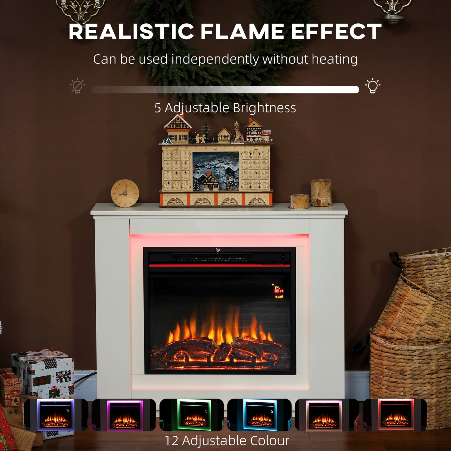 HOMCOM 2000W White Faux Flame Electric Fireplace 6824 BTU Heat With Adjustable Thermostat For Rooms Up To 30 Sq M