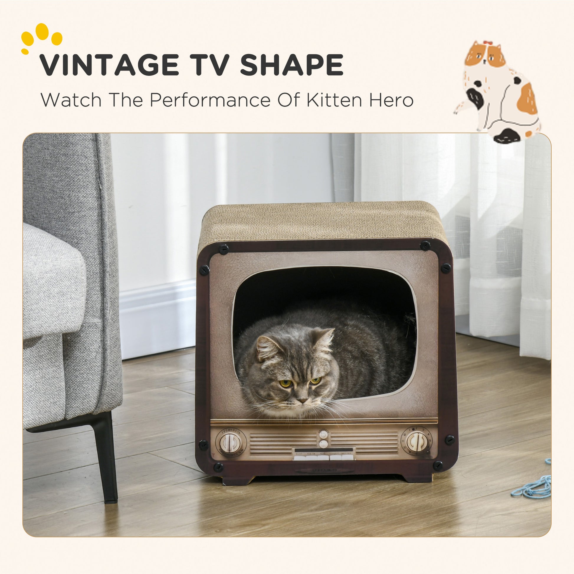 PawHut Vintage TV Cat Scratcher House with Catnip - 2 in 1 Design for Indoor Cats, Brown - ALL4U RETAILER LTD