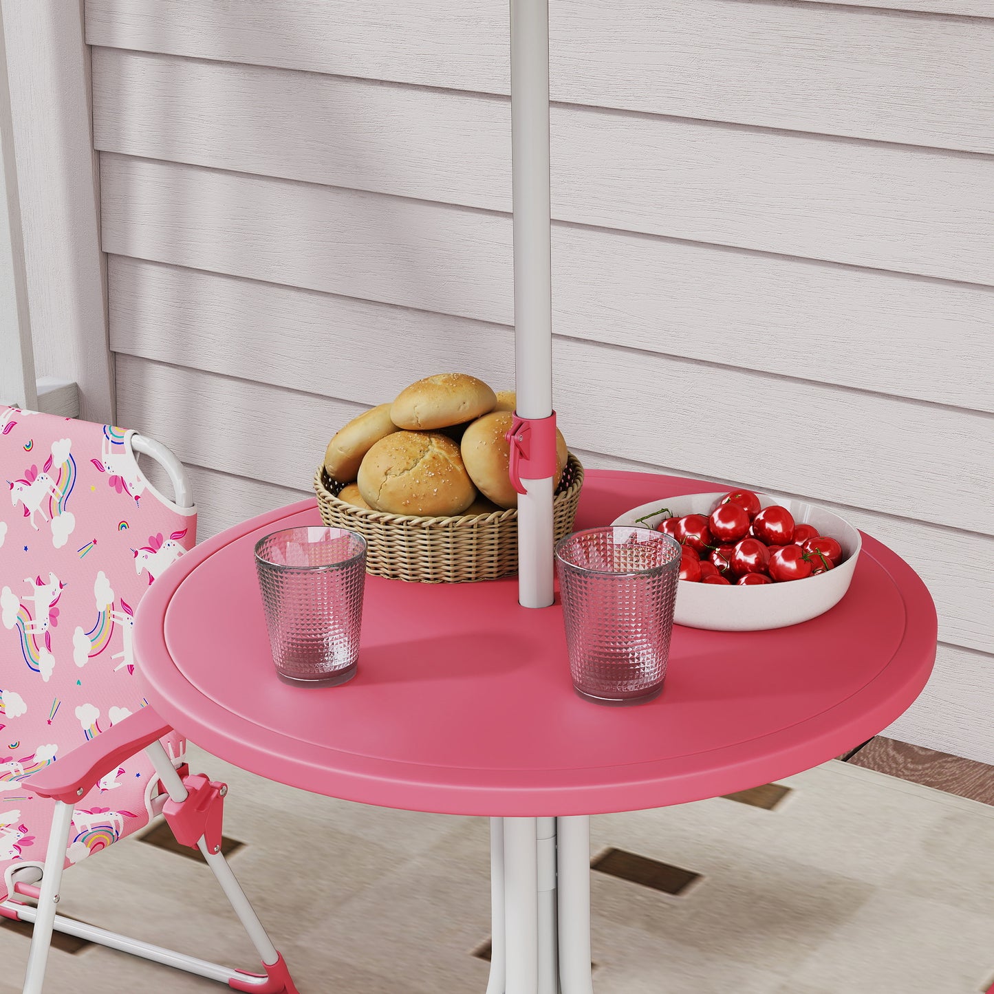 AIYAPLAY Kids Patio Table And Chair Set With Umbrella Pink Unicorn Themed Garden Furniture 4 Piece Bistro Set