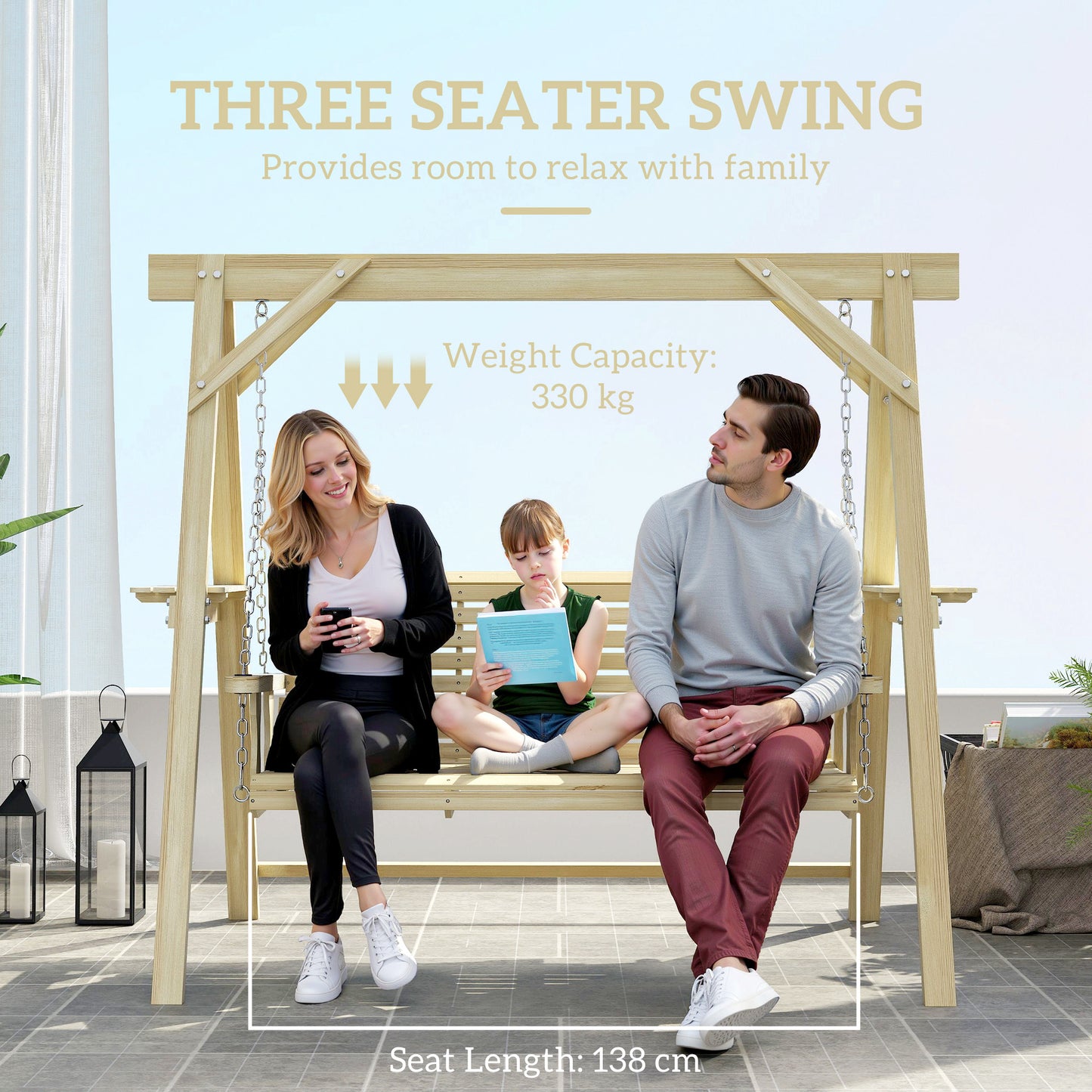 Outsunny Three Seater Wooden Swing Bench With Side Tables For Outdoor Garden Patio Furniture
