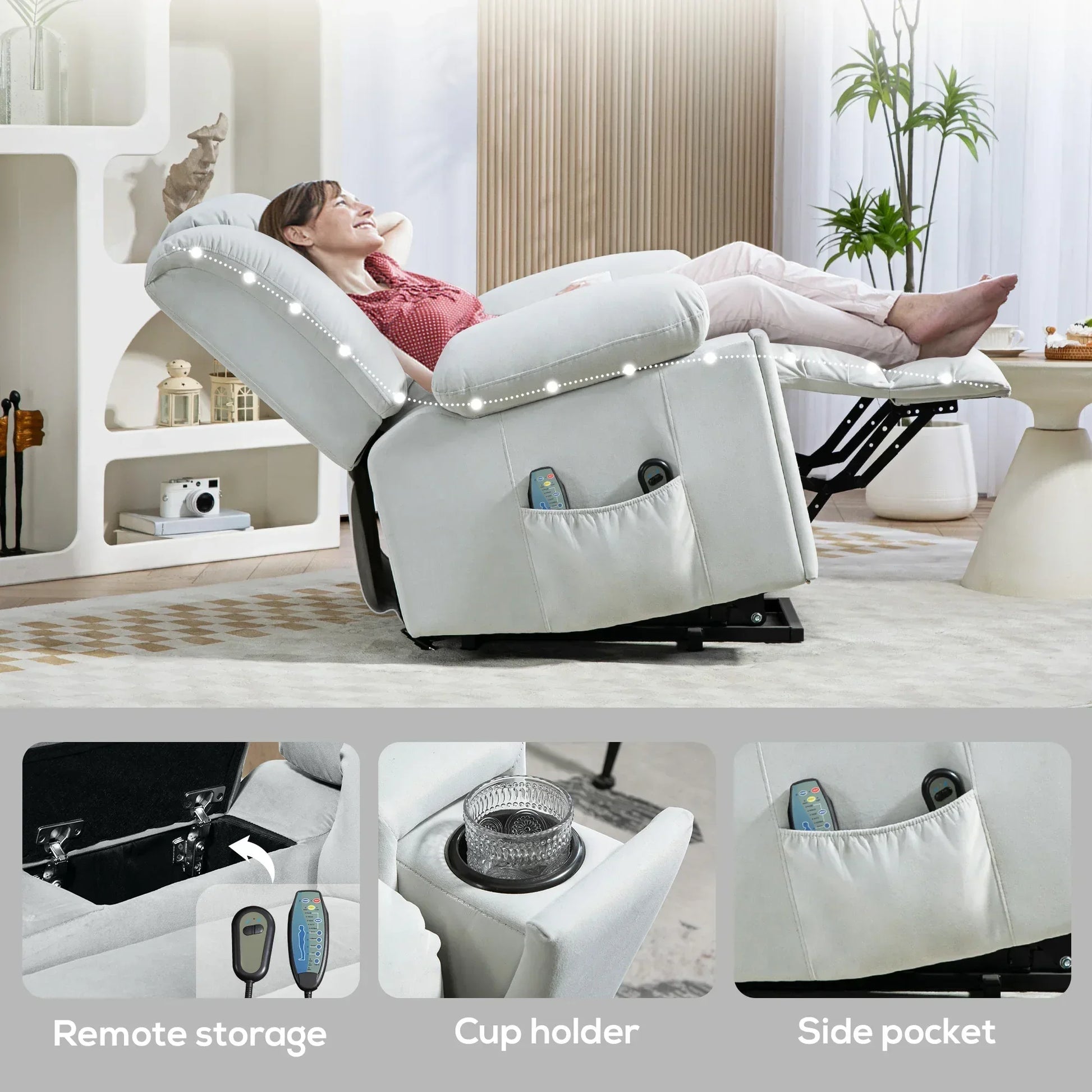 Electric Lift Recliner Chair with Massage and Heat, Comfortable Armchair for Seniors with USB Ports and Cup Holders, Light Grey Fabric - ALL4U RETAILER LTD