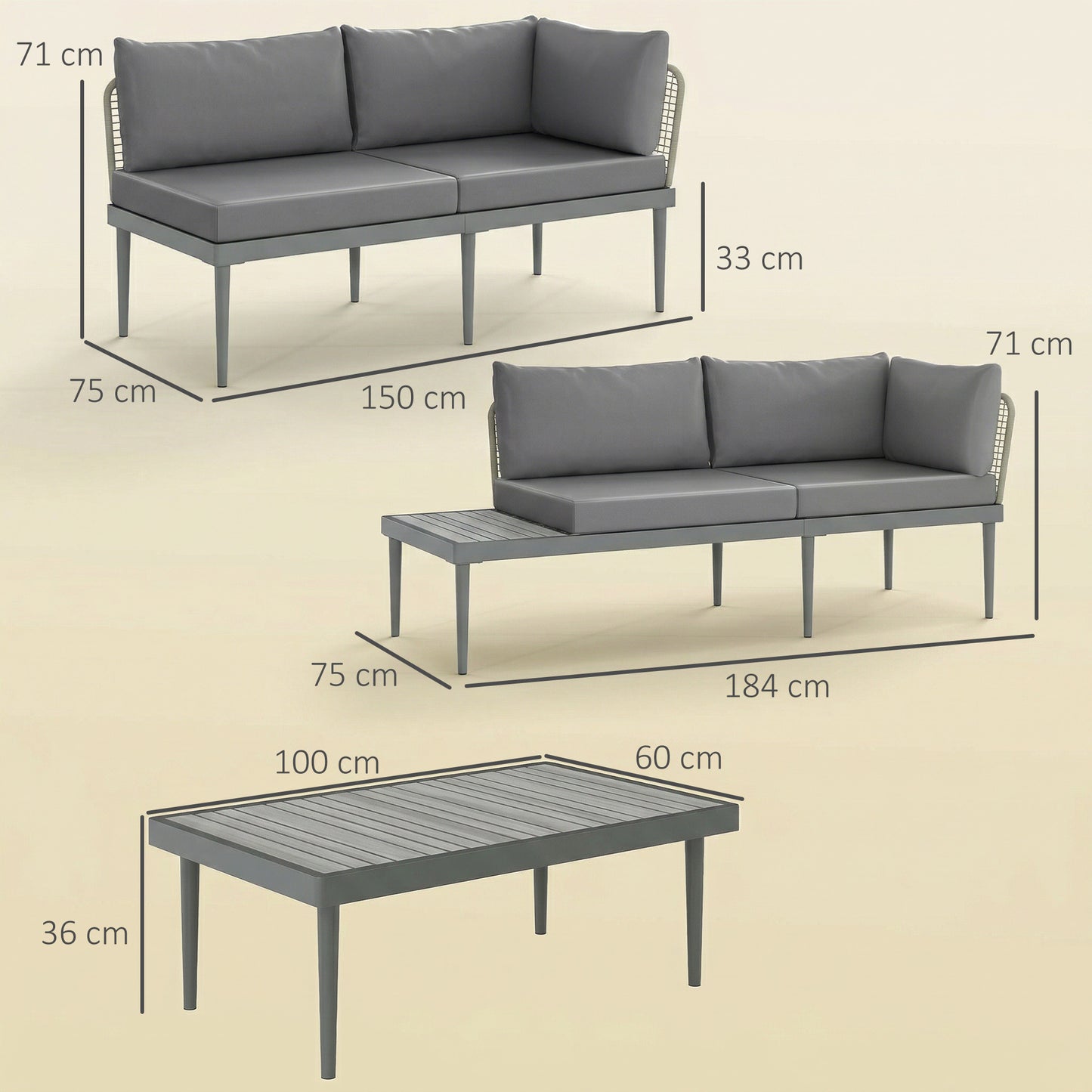 Outsunny Three Piece L Shaped Rattan Sofa Set Grey For Outdoor Patio With Two Loveseats And Long Coffee Table