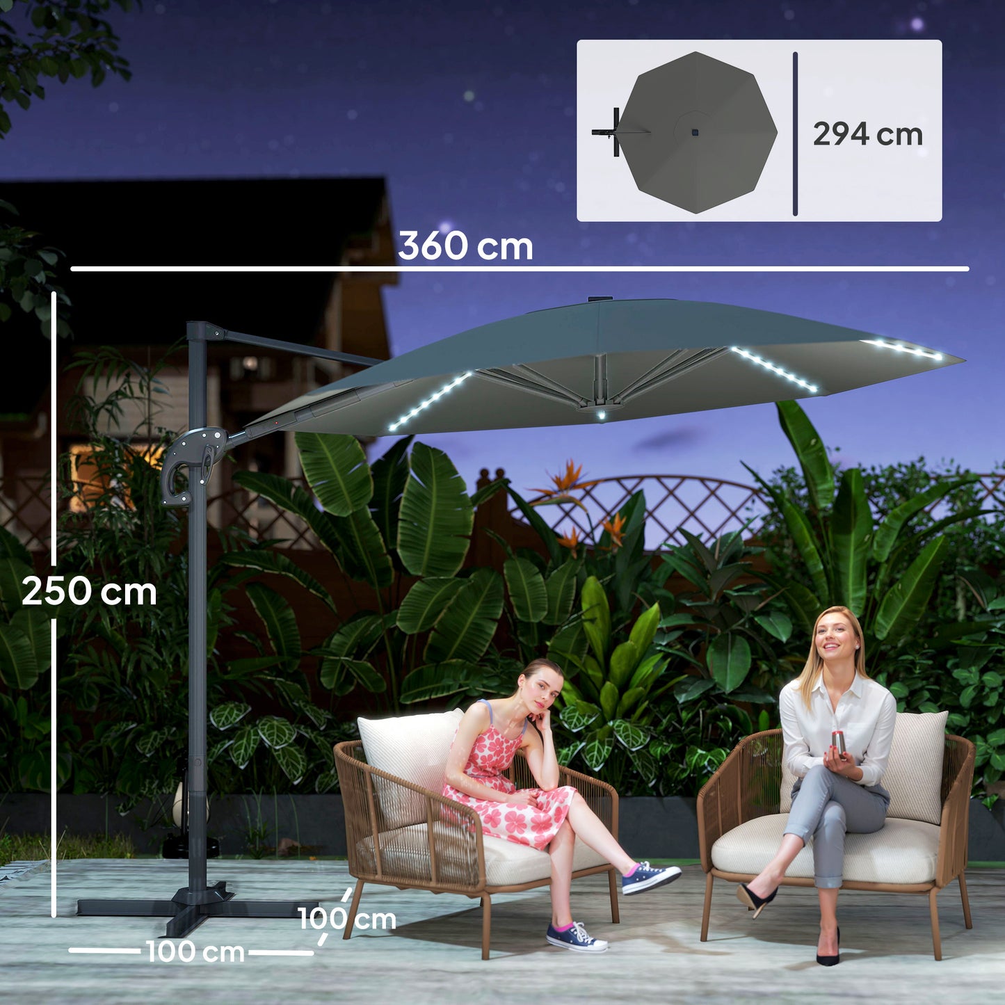 Outsunny 3m Cantilever Garden Parasol With Solar Powered Lights Cross Base UPF 50 360 Degree Rotation Dark Grey