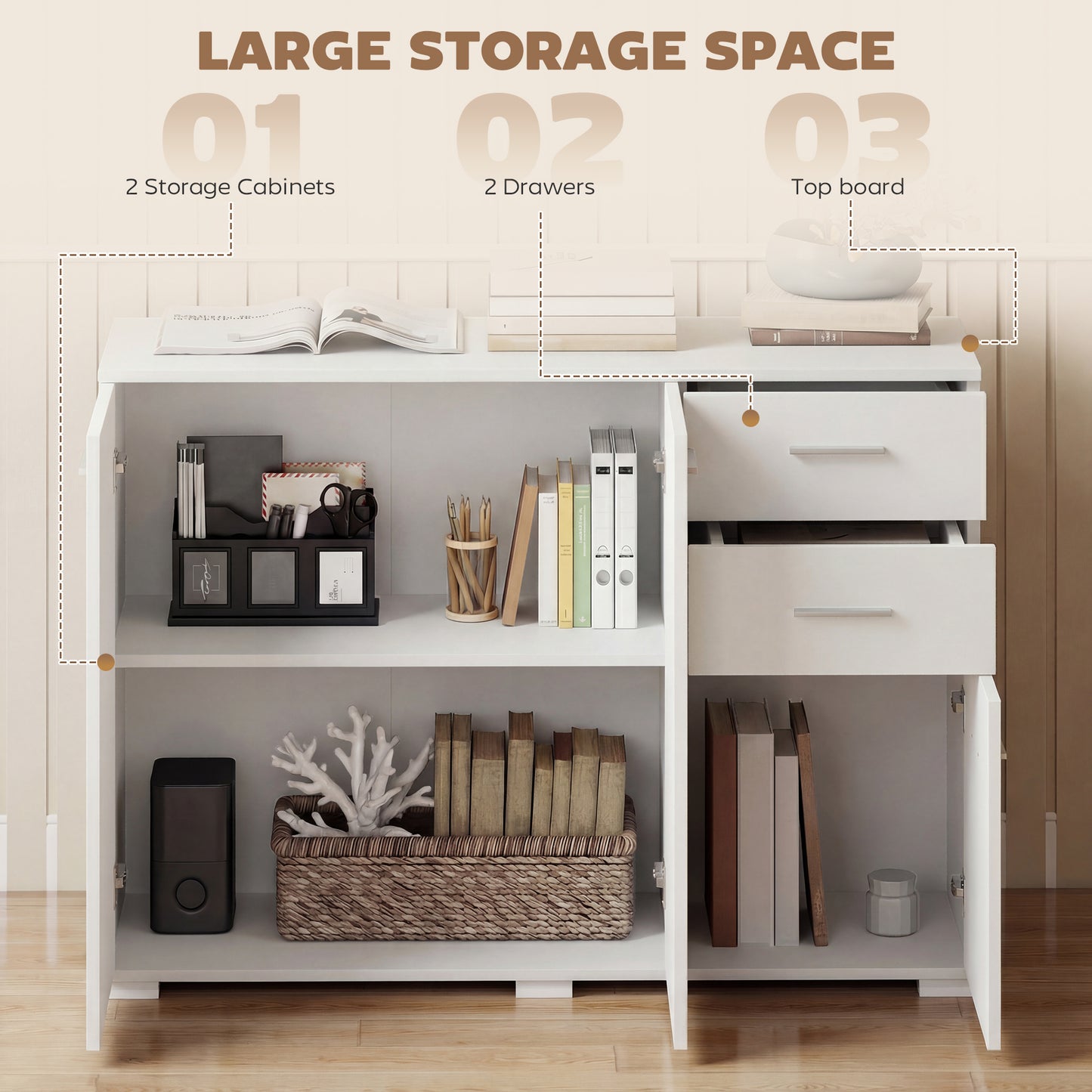HOMCOM White Sideboard Cabinet With 2 Drawers 3 Doors And Adjustable Shelves For Modern Storage