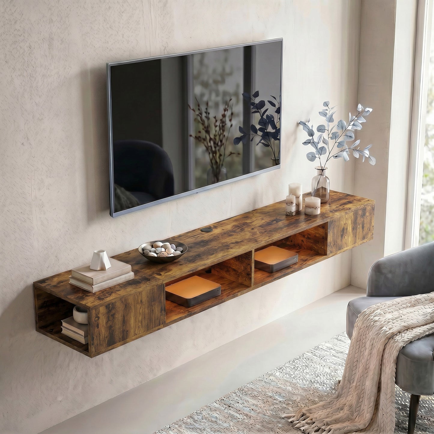 HOMCOM Wall Mounted TV Stand With RGB LED Lights For 75 Inch TV Rustic Brown Floating Entertainment Centre