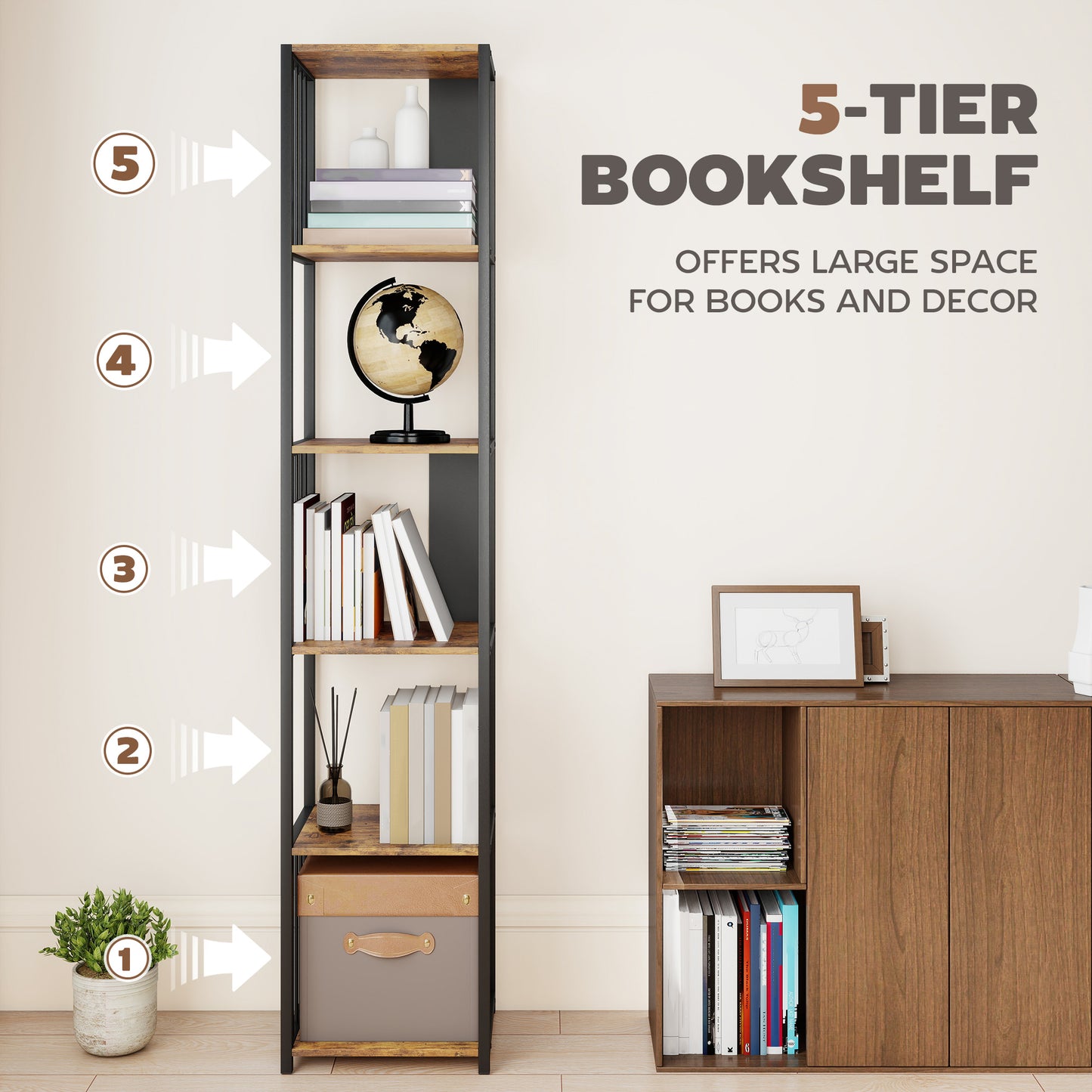 HOMCOM 5 Tier Bookshelf With Steel Frame Rustic Brown Wood Effect Five Open Shelves Anti Tip Straps 60 Kg Capacity