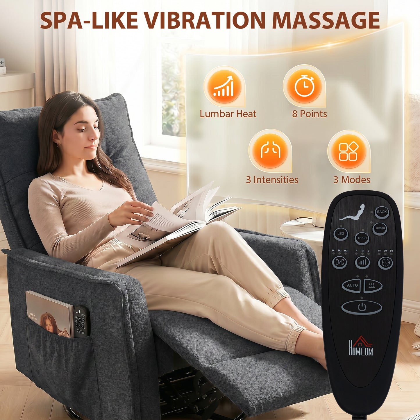 HOMCOM Chenille Recliner Chair With Massage And Heat Eight Point Vibration 360 Degree Swivel Manual Recliner Dark Grey
