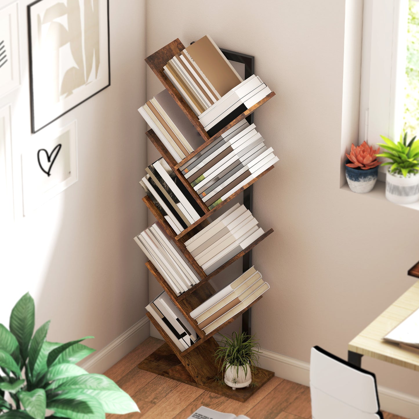 HOMCOM Eight-Section Tree Bookcase With Steel Frame In Wood-Effect Finish Multi-Tier Magazine And Book Storage Shelf