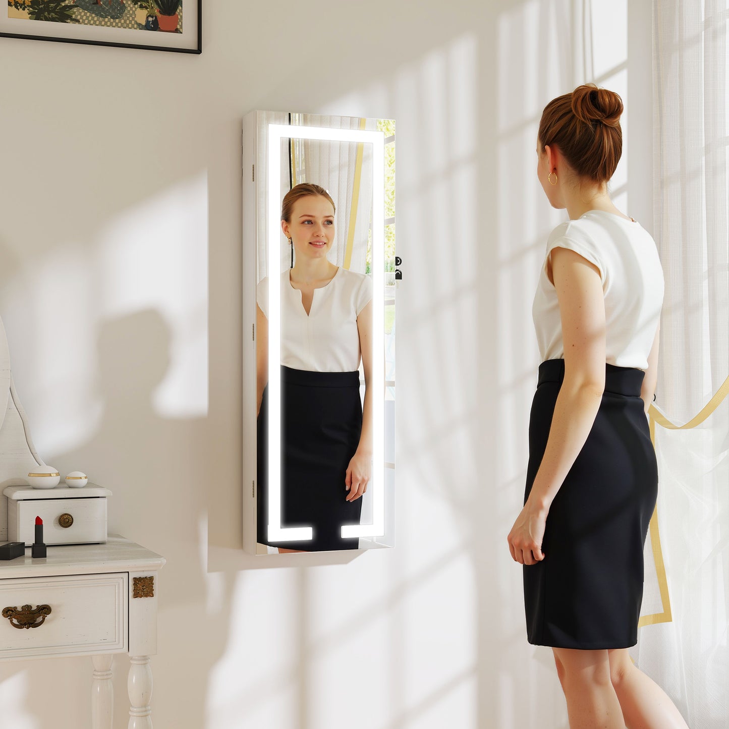 HOMCOM LED Mirror Jewellery Cabinet Wall Mounted Full Length Mirror With Storage Lockable Jewellery Organiser White