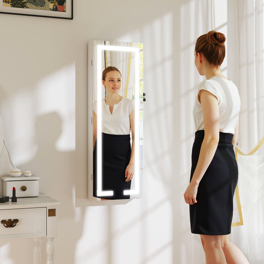 HOMCOM LED Mirror Jewellery Cabinet Wall Mounted Full Length Mirror With Storage Lockable Jewellery Organiser White