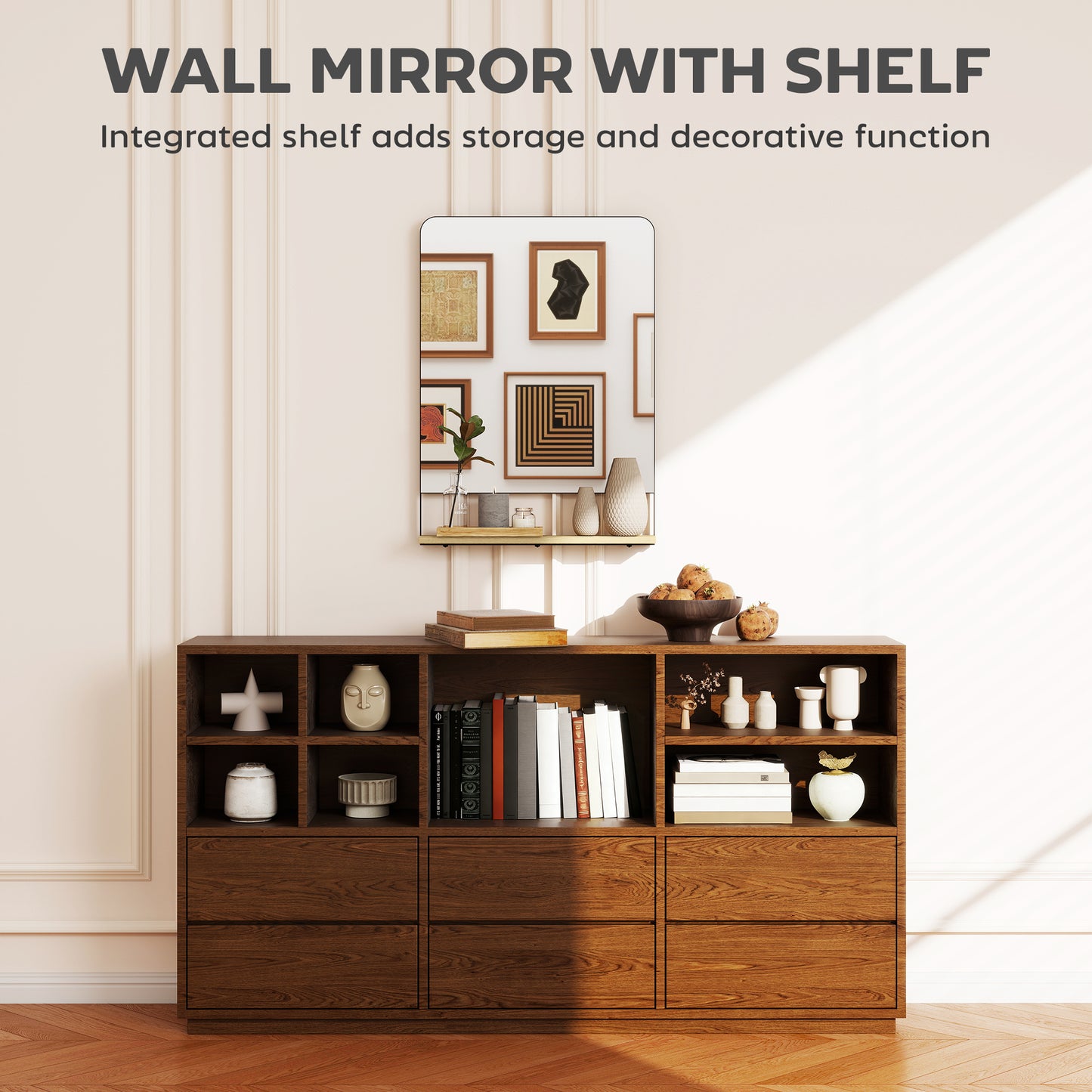 HOMCOM Wall Mirror With Wood Shelf Black Industrial Metal Frame Entryway Organizer And Decor