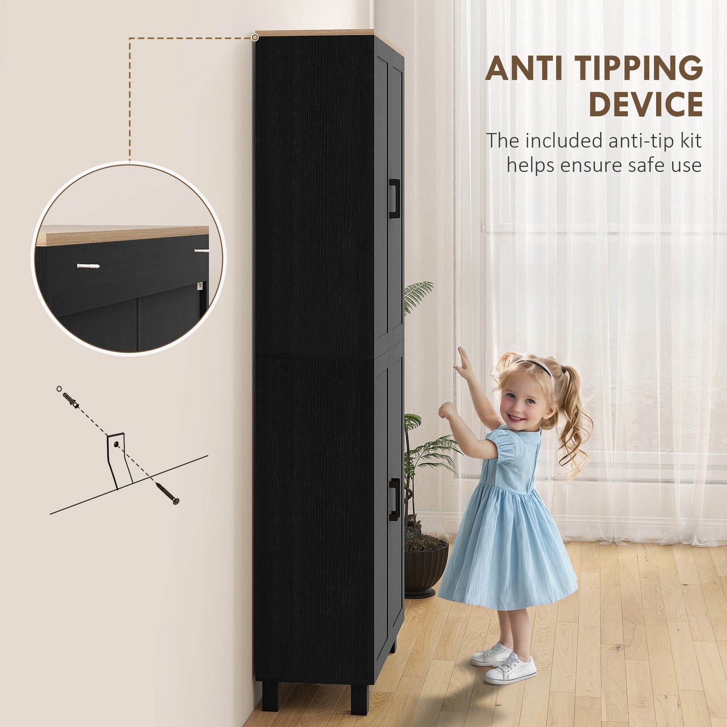 HOMCOM Freestanding 4-Door Kitchen Cupboard With Adjustable Shelves Tall Storage Cabinet 170cm Black