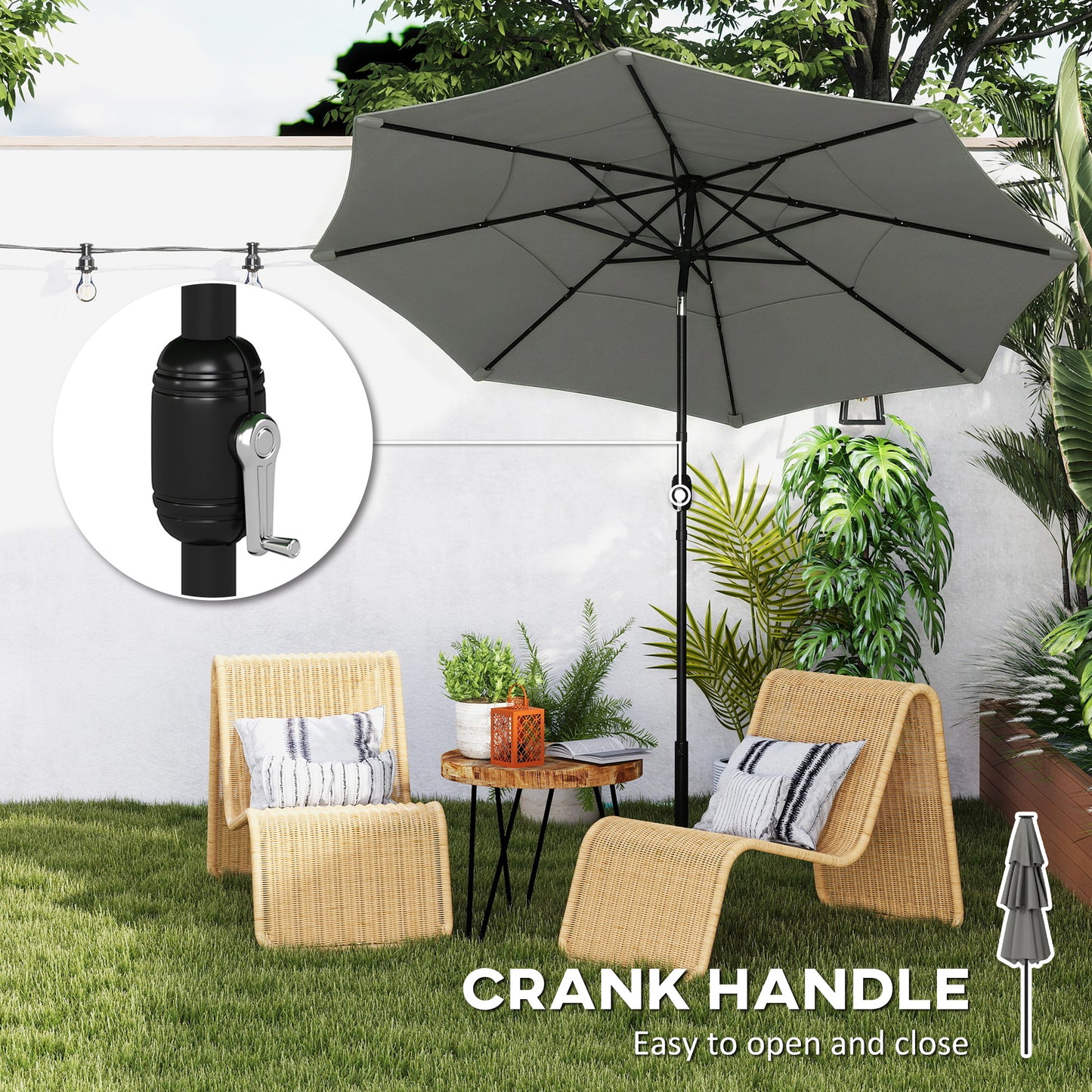 Outsunny Garden Parasol 3 Tier Roof Tilt Function Crank Handle Grey Polyester Canopy